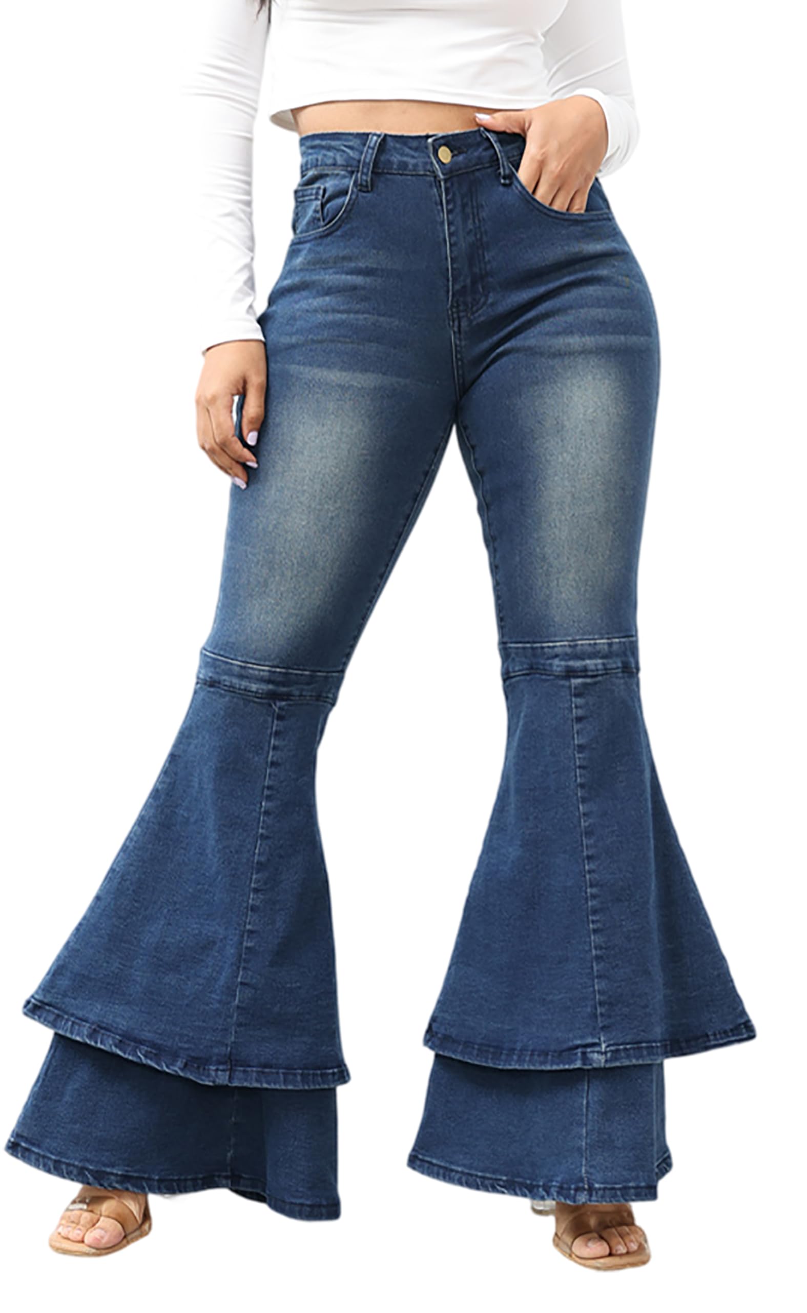 ThusFar Bell Bottom Jeans High Waisted Pleated Layered Ruffle Hem Flared Wide Leg Denim Pants 70s Outfits for Women