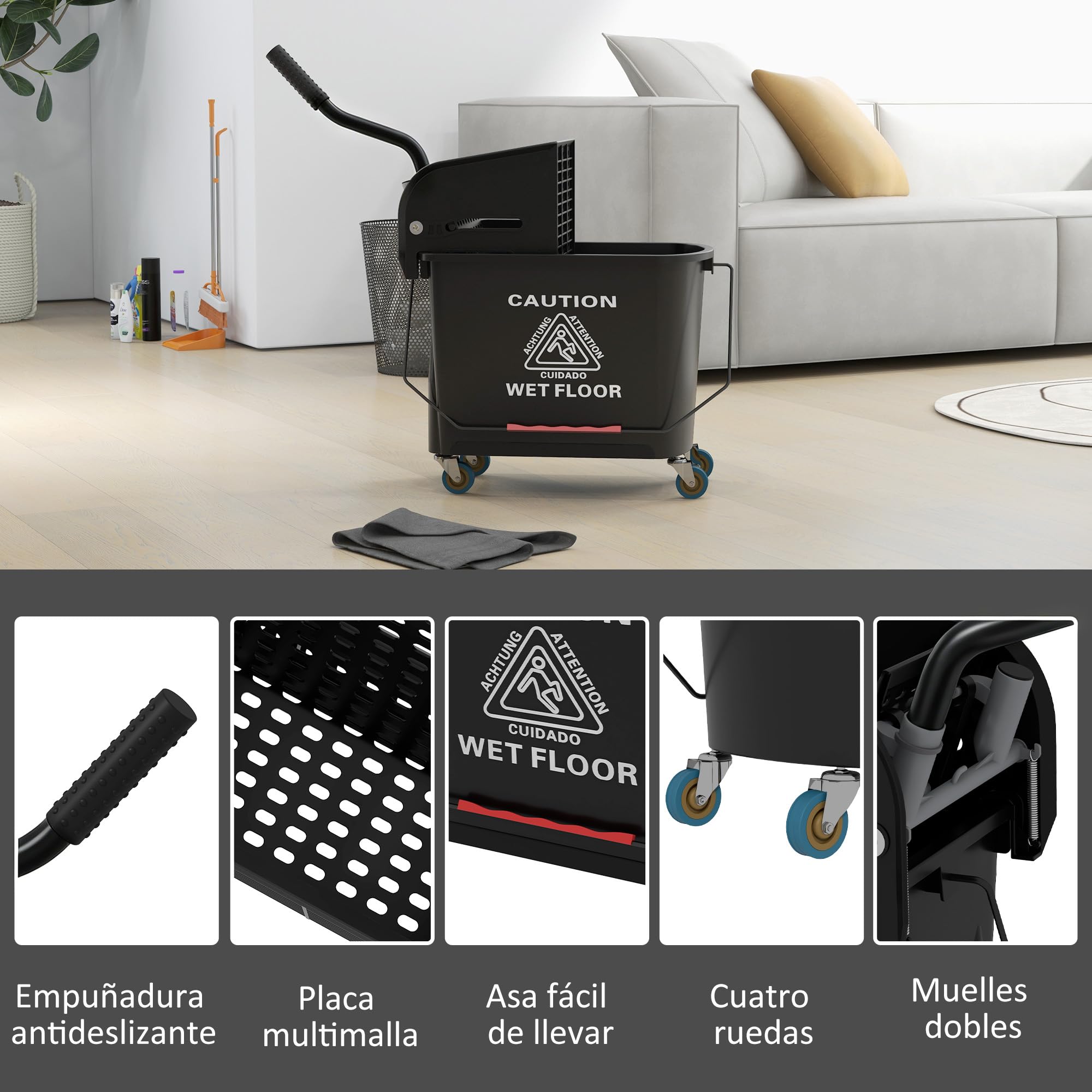 HOMCOM Cubo de Fregona con Ruedas Capacidad de 20 L Cubo de Fregar con Sistema de Escurridor Ruedas y Asa de Transporte para Doméstico y Comercial Negro