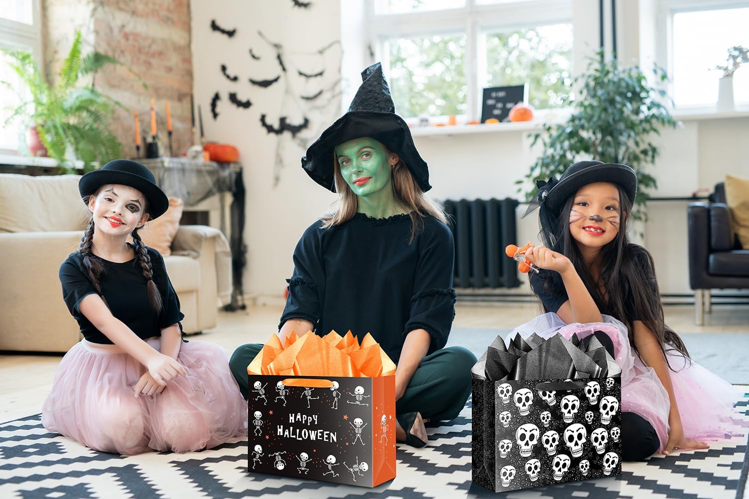 JWSCYSY 2Pack 12.6" Skull Gift Bag with Card and Tissue Paper, Happy Halloween Paper Bags for Men Women Party Favor (Black) - Image 6