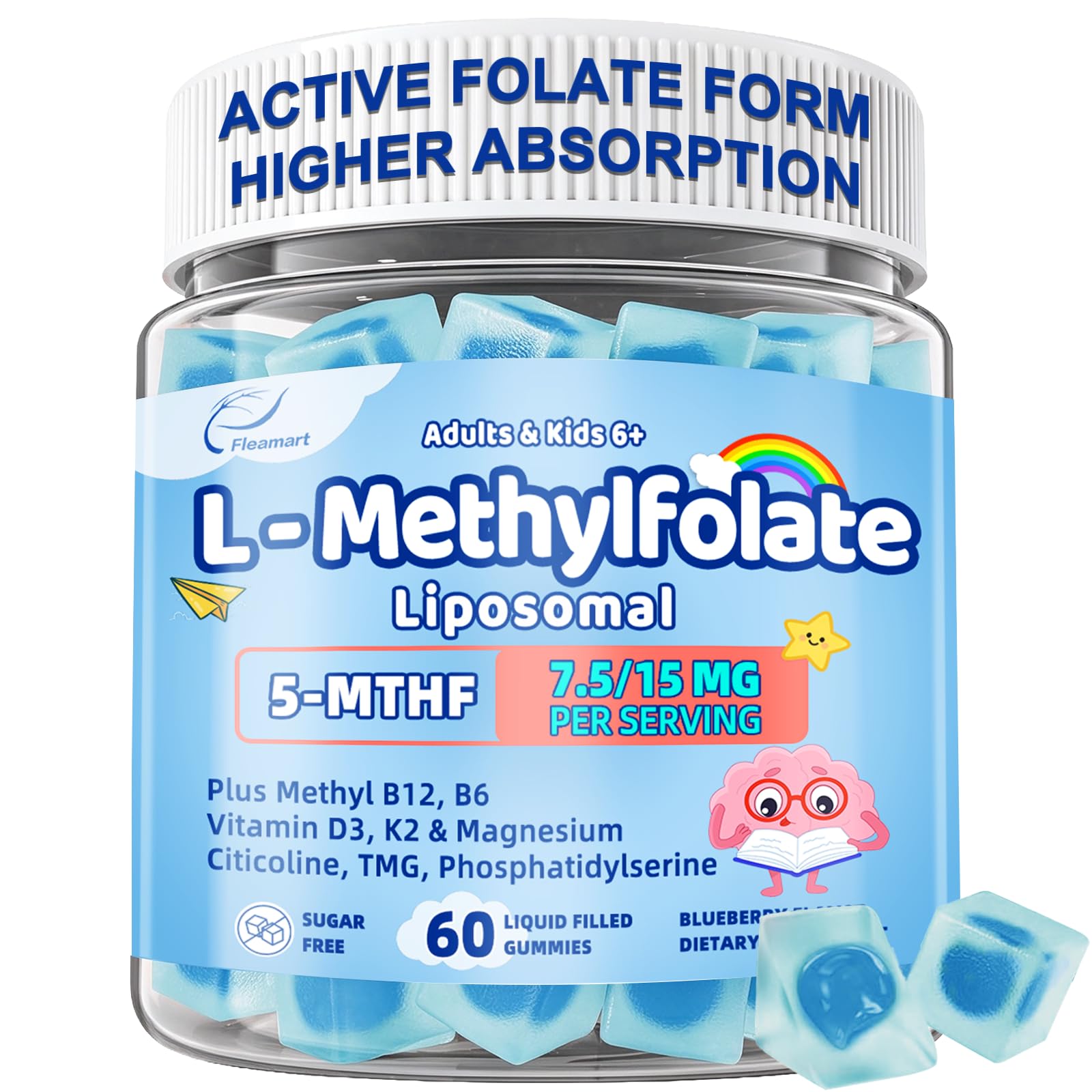 L-Methylfolate 15mg Plus Methyl B12 for Kids & Adults,Sugar Free, 60 Counts