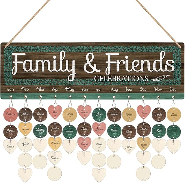 Family& Friends Celebrations Reminder Calendar Board(16"x5"), DIY Birthday Gift for Mother's Day Valentine's Day Christmas, Wooden Birthday Tracker Plaque Wall Hanging with 100 Heart/Circle Tags