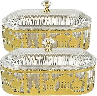 Ramadan Tray with Lid, Metal Platters Storage Container Candy Pastry Dessert Display Holder, Deluxe Eid Mubarak Dinner Plate Tray for Islamic Desserts, (2 Pack)