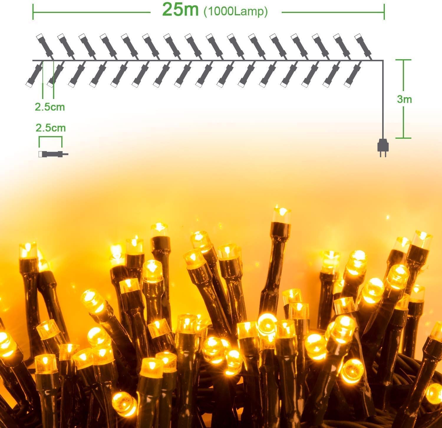 Quntis 1000 LED Guirlande Lumineuse 25M Eclairage 8 Mode, Décoration d'ambiance Extérieur Intérieur pour Maison Mariage Noël Anniversaire, Chaîne Lampe Lumière Blanc Chaud