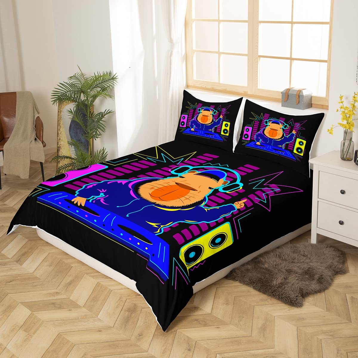 Cartoon Capybara Duvet Cover Set Double Size, Music Theme Comforter Cover with 2 Pillowcases - Image 2