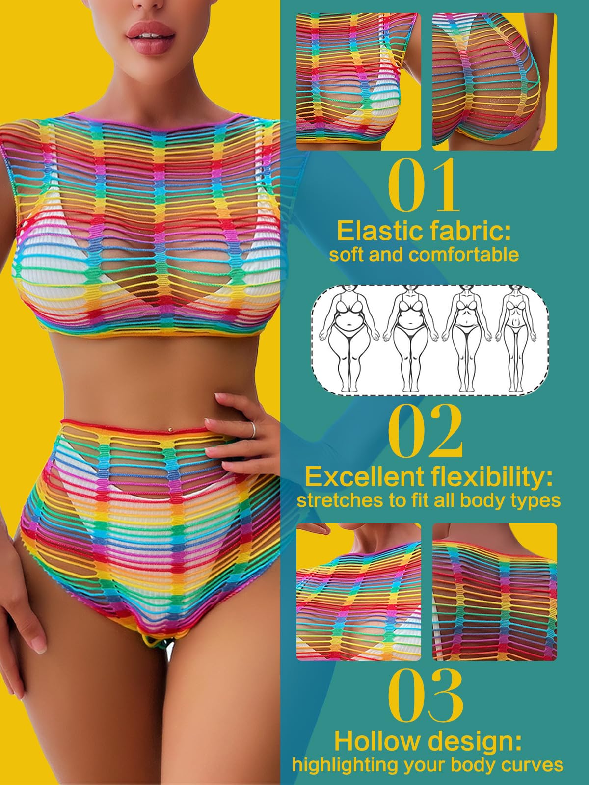 FasiCat Women's Mesh Lingerie Fishnet Babydoll Mini Dress Bodysuit See Through Shirts Long Sleeves Lingerie Bodysuit Cover Up: Rainbow1105