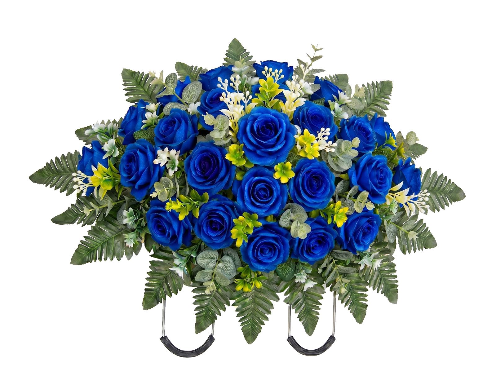Artificial Cemetery Flowers for Graveside - Headstone Saddle Flower Arrangement, Outdoor Grave Memorial Tombstone Decor, Weather-Resistant Faux Roses (Blue) image 5