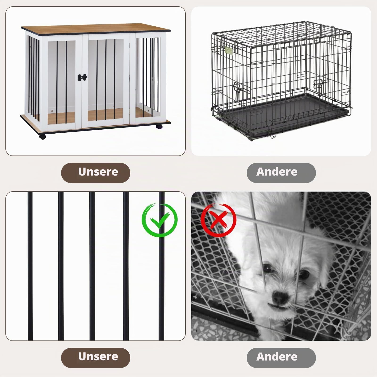 TUKAILAI Hundekäfig Möbel, 106 cm Hundebox Holz mit Raden, Abschließbar Tür, Metall, Moderne Hundehütte Indoor für kleine/mittlere/große Hunde, Hundekäfig für Zuhause 106x60x82 cm, Weiß