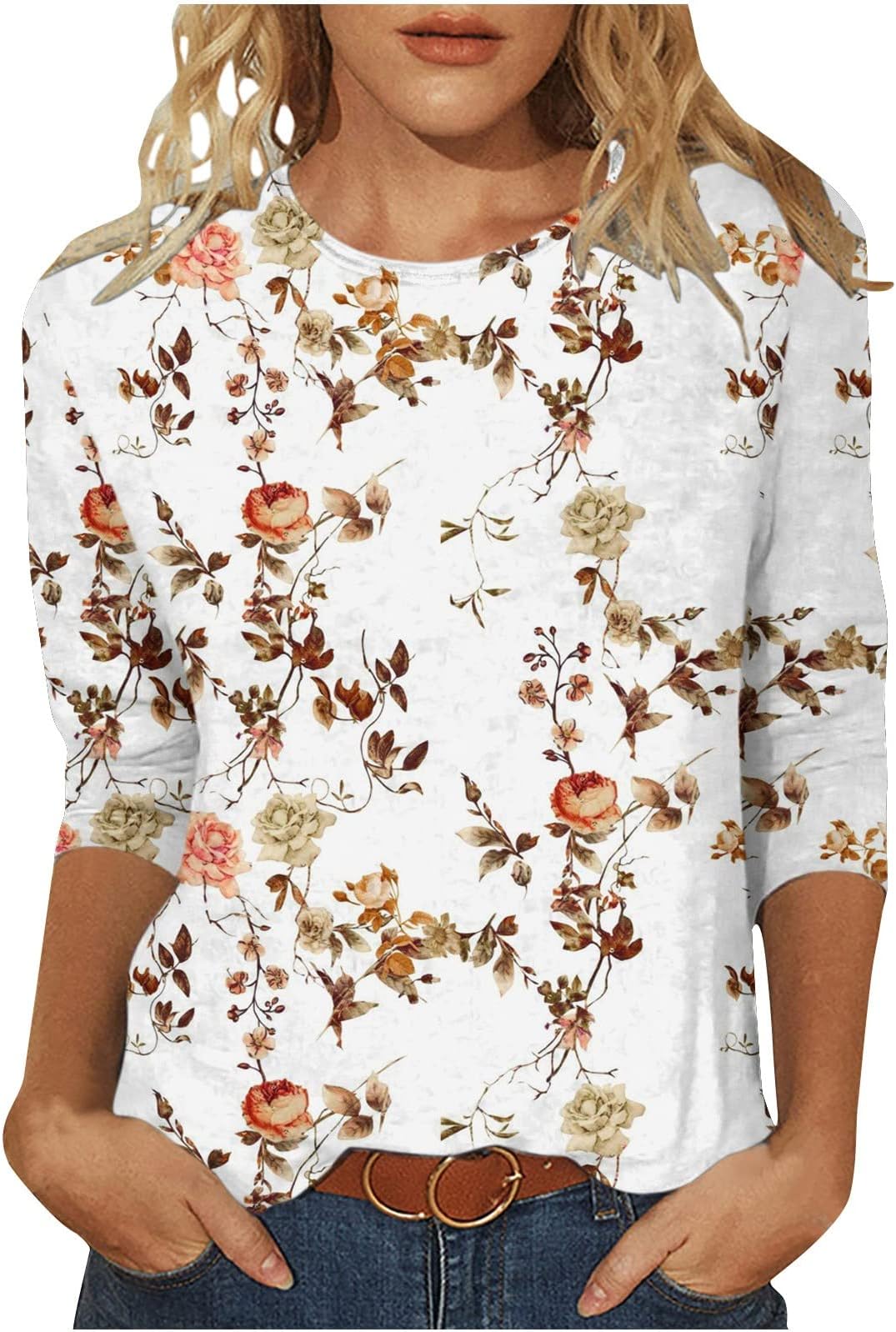 SMIDOW 3/4 Sleeve Tops for Women 2023 Casual Bohemian Floral Print Pullovers Loose Summer Spring Basic t Shirt Blouse