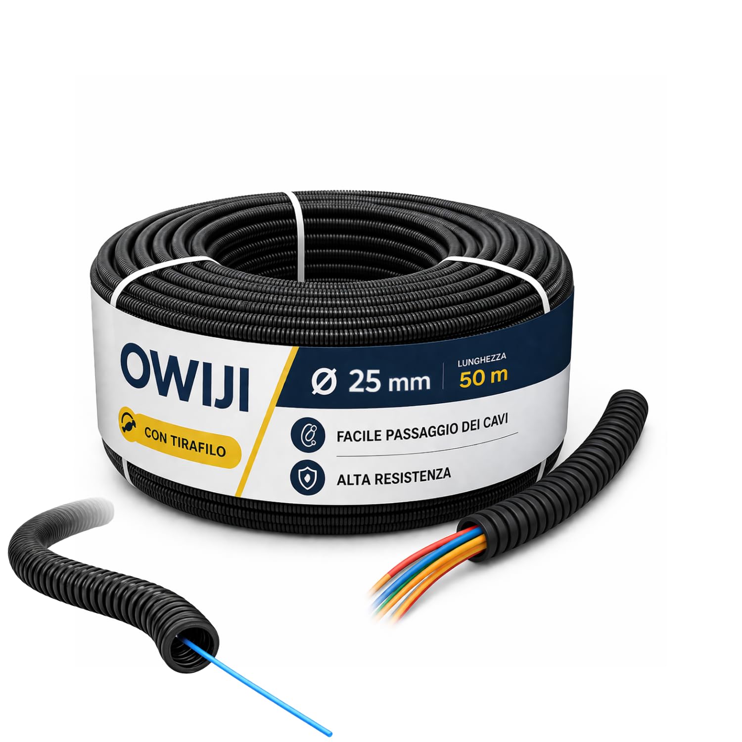 Corrugato da Esterno con Tirafilo Ø 25 mm x 50 m Guaina per Cavi Elettrici Tubo Corrugato Esterno Protettivo Isolante Flessibile in ABS Copricavo Nero Raccogli Cavi per Casa Auto Ufficio