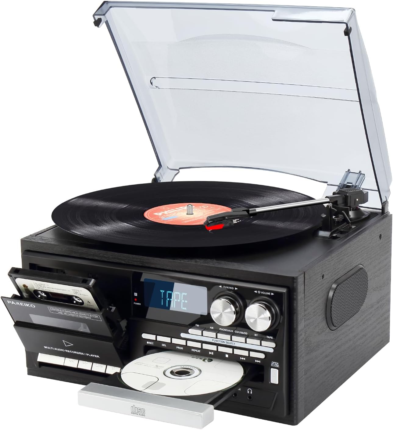 Record Player Classic 9 in 1 Bluetooth Turntable with Built-in Speakers, AM/FM Radio, CD & Cassette Player, USB/SD Playback, Remote Control, Aux & RCA Inputs, Headphone Jack