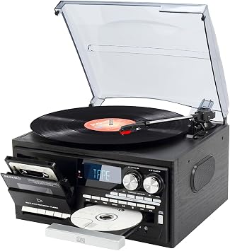 Record Player 9 in 1 Vintage Bluetooth Turntable for Entertainment, 3 Speed Vinyl Record Player with CD Cassette USB SD, AM FM Radio, Built in Speakers, RCA Output, Headphone Jack Remote Control