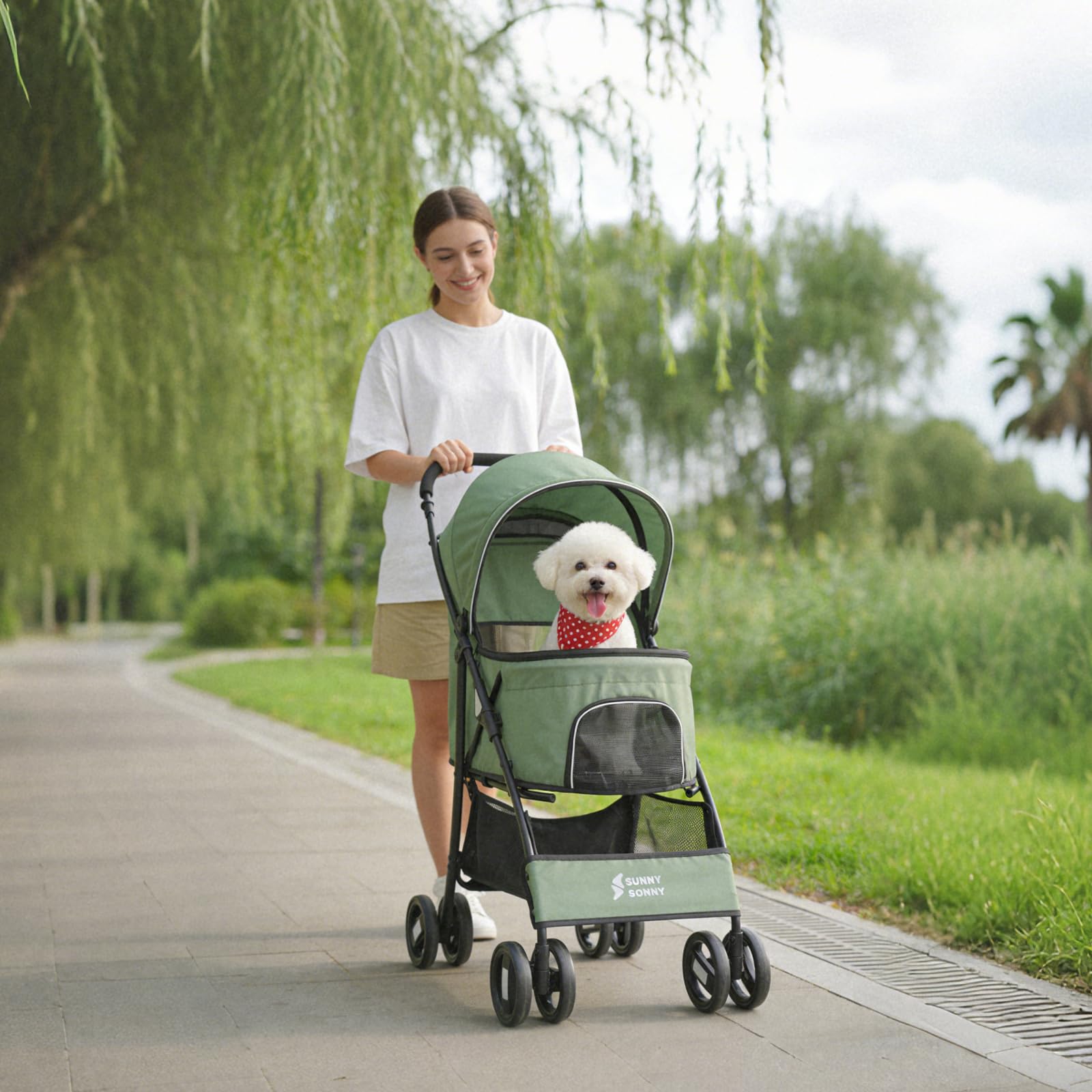 Sunny Sonny Passeggino pieghevole per animali domestici, con copertura per le intemperie, cestino portaoggetti, per cani e gatti S/M fino a 15 kg (verde)
