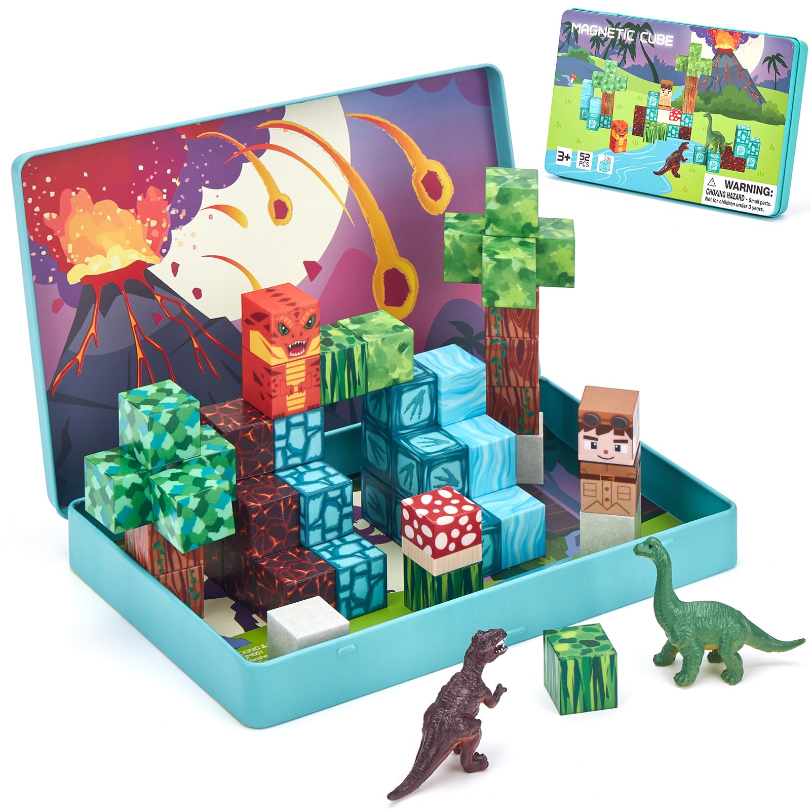 hahaland Travel Mini Magnetic Tiles Dinosaur Magnetic Blocks Building Toy Magnetic Cubes STEM Travel Game Airplane Toys for Toddlers 3-5 Birthday Easter Gifts for 3 4 5 Year Old Boy Girl