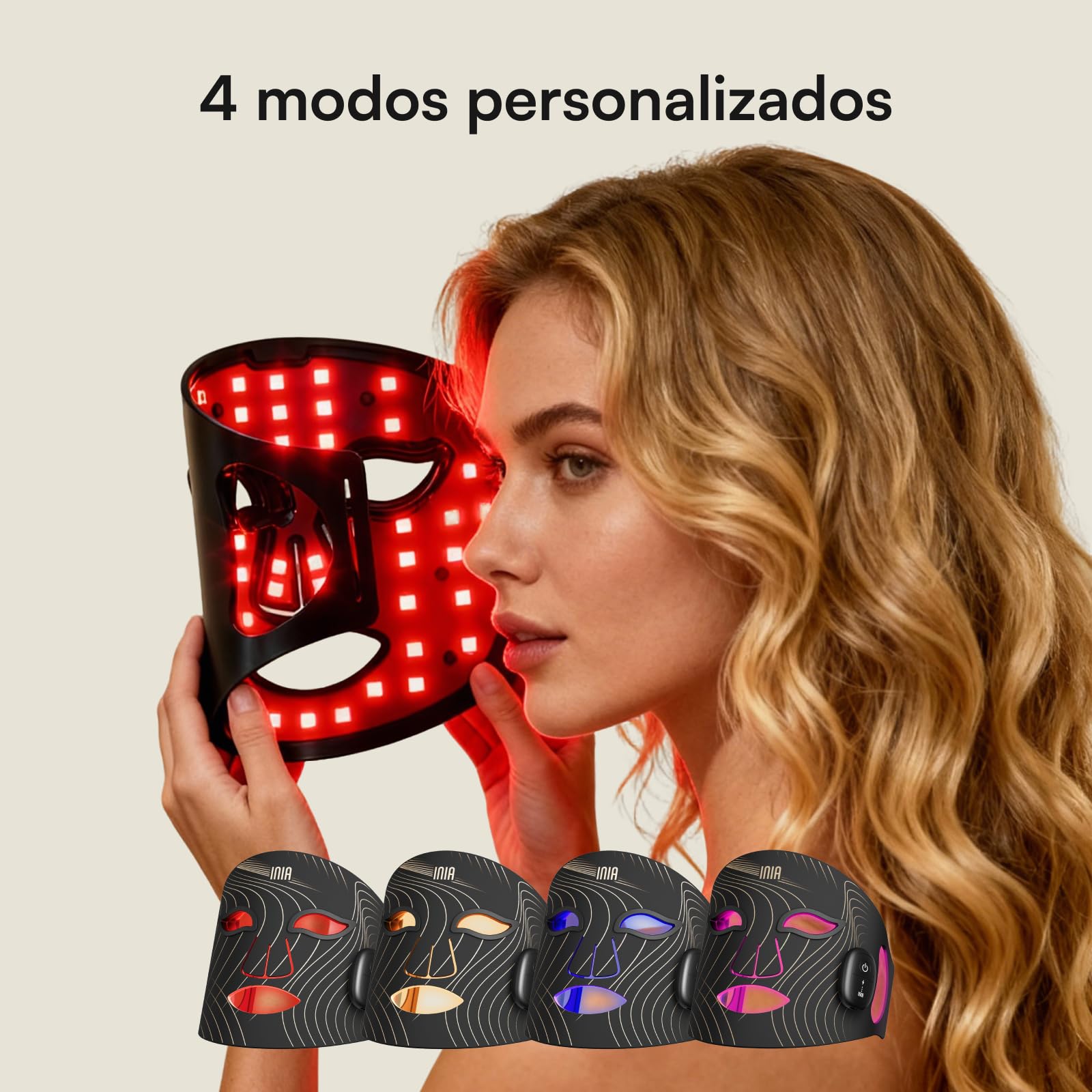 INIA Glow Máscara LED Facial Inalámbrica, Luz Roja, 4 Modos de Luz | Luz Roja, Amarilla y Azul, Inalámbrica y Portátil, Recargable, Diseño Ergonómico, Uso en Casa y Viajes, Negro