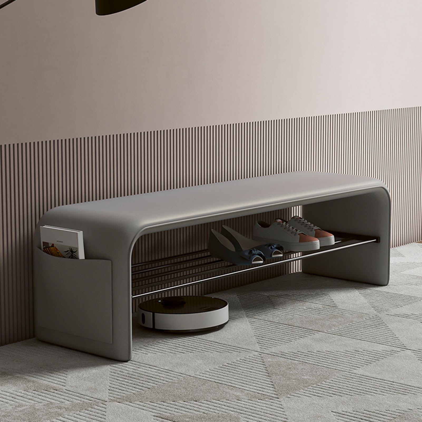 GYEQXKT Modern Shoe Bench with Cushion Metal Structure SpaceSaving Entryway Storage Versatile for Hallway Bathroom Living RoomGrey 150cm/59in