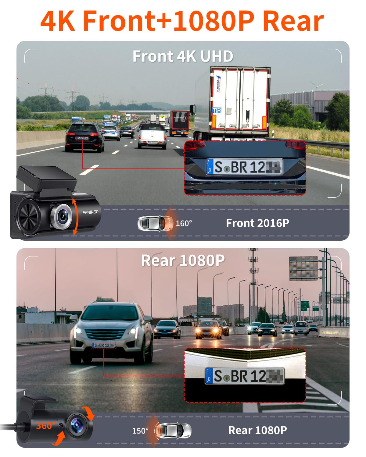 Faninso 4k Dash Cam Front and Rear - 60 FPS Dash Camera for Cars and Trucks, Audio Alerts, Enhanced Night Vision, 3” HD Display, Includes 64GB Card - WiFi, GPS, 24H Parking Mode