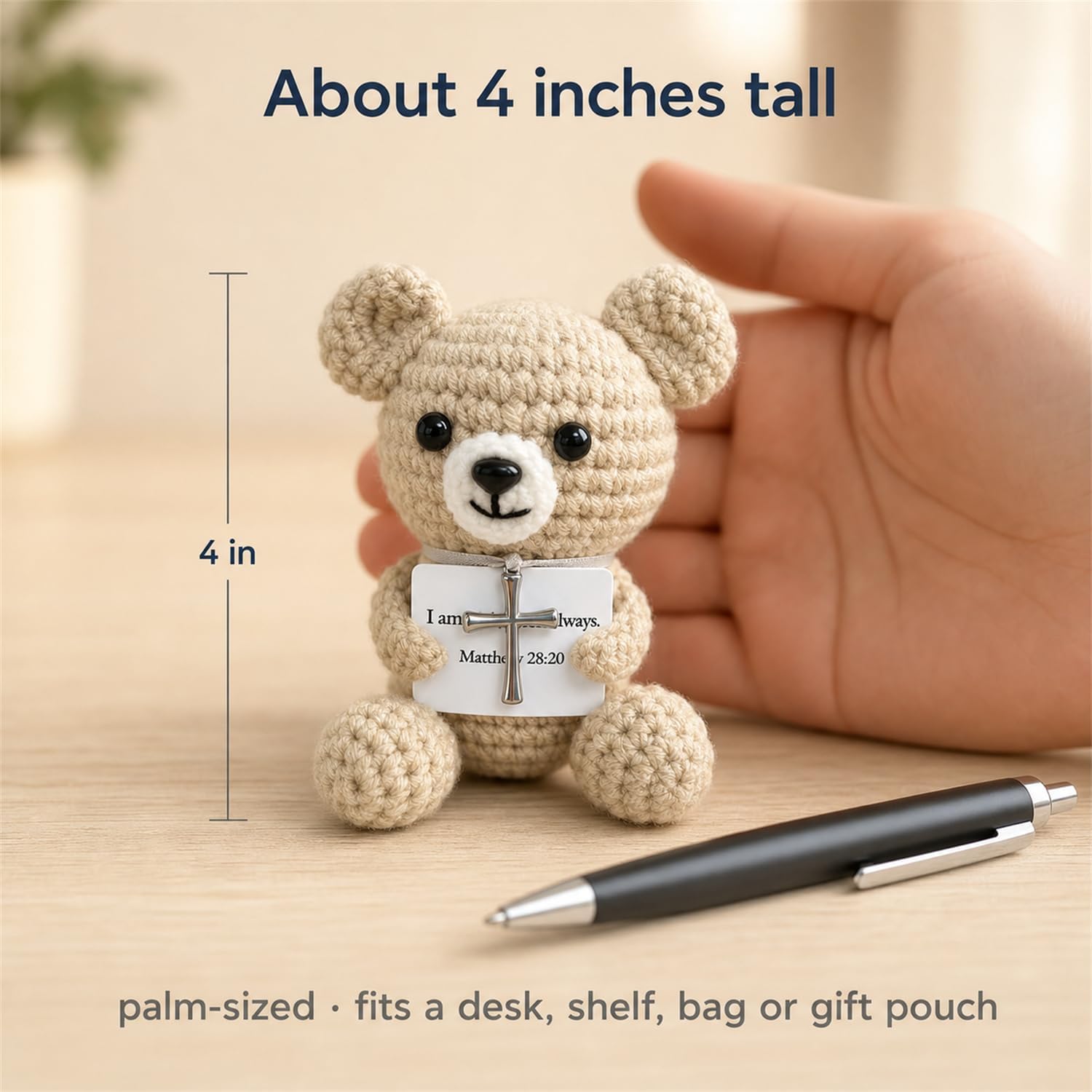 AceList Crochet Prayer Bear with Bible Verse Card, Christian Gift for Women | Faith keepsake featuring silver cross and velvet pouch, emotional support desk decor doll for teen girls, Matthew 28:20