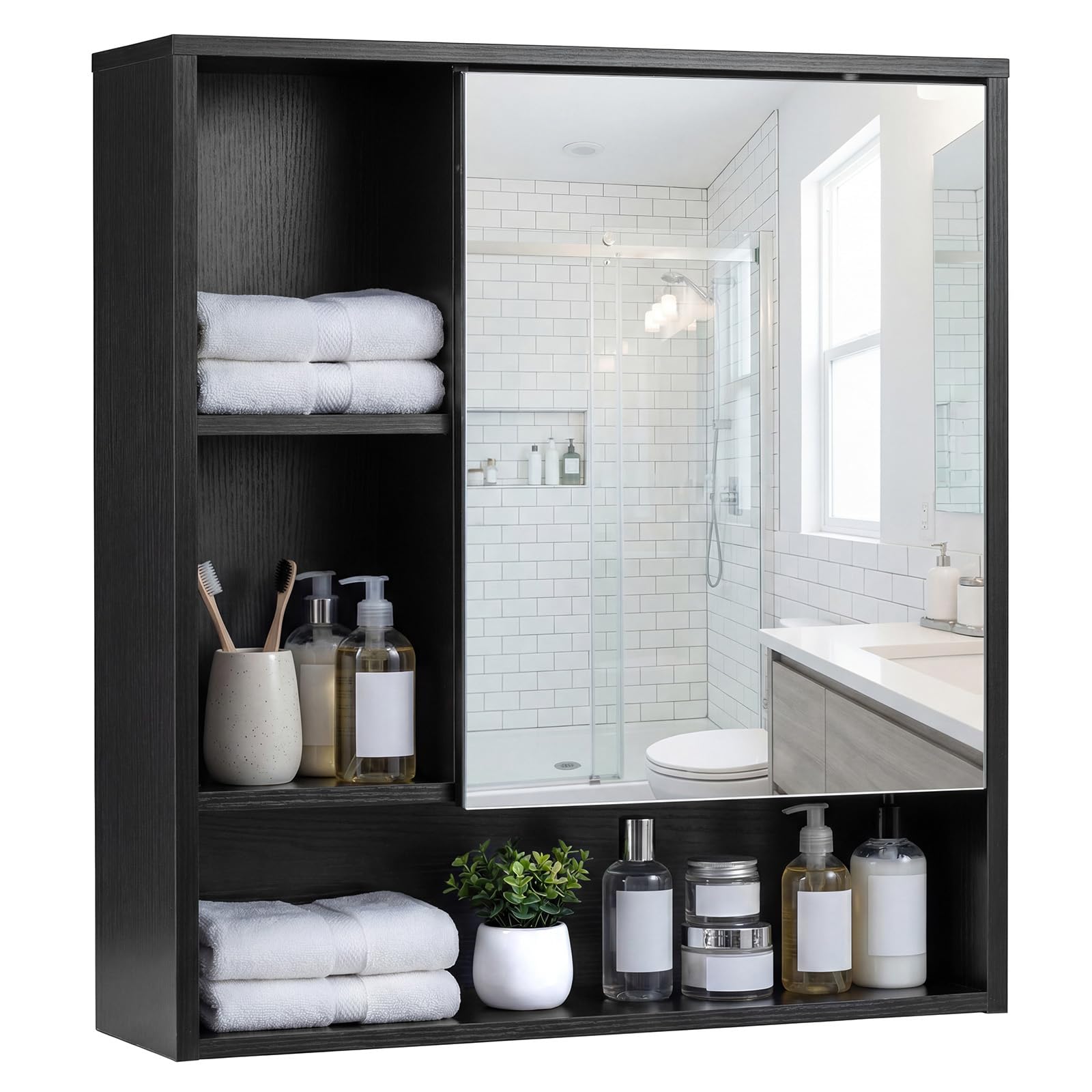 COSTWAY Spiegelschrank, Badezimmerschrank mit Spiegeltür & 3 offenen Regalen, Hängeschrank, Aufbewahrungsschrank, Wandschrank für Waschküche, Badzimmer & Flur, 56 x 16 x 61 cm (Schwarz)