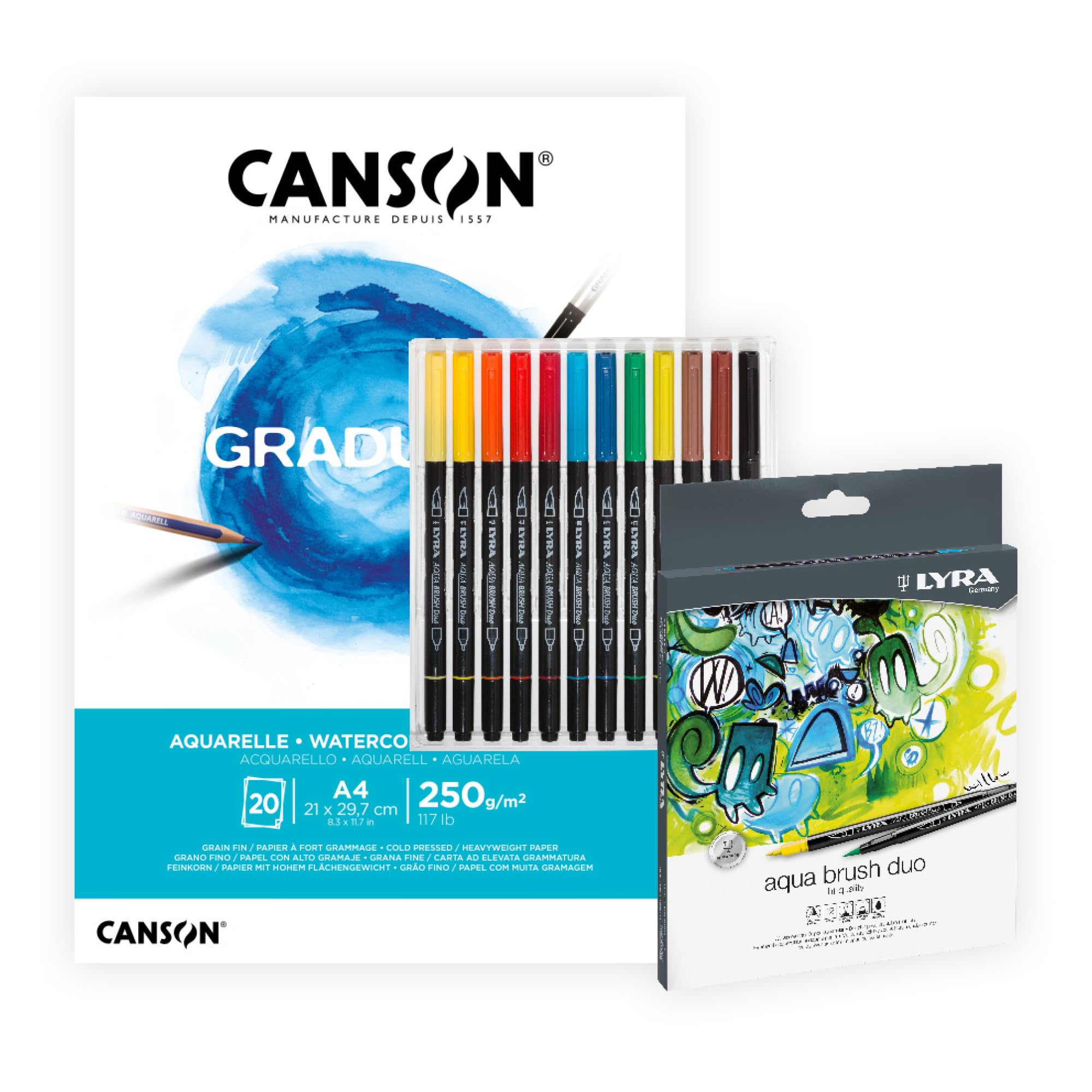 Canson Graduate Watercolour Pad A4 y rotuladores Lyra Aqua Brush Duo para ilustración