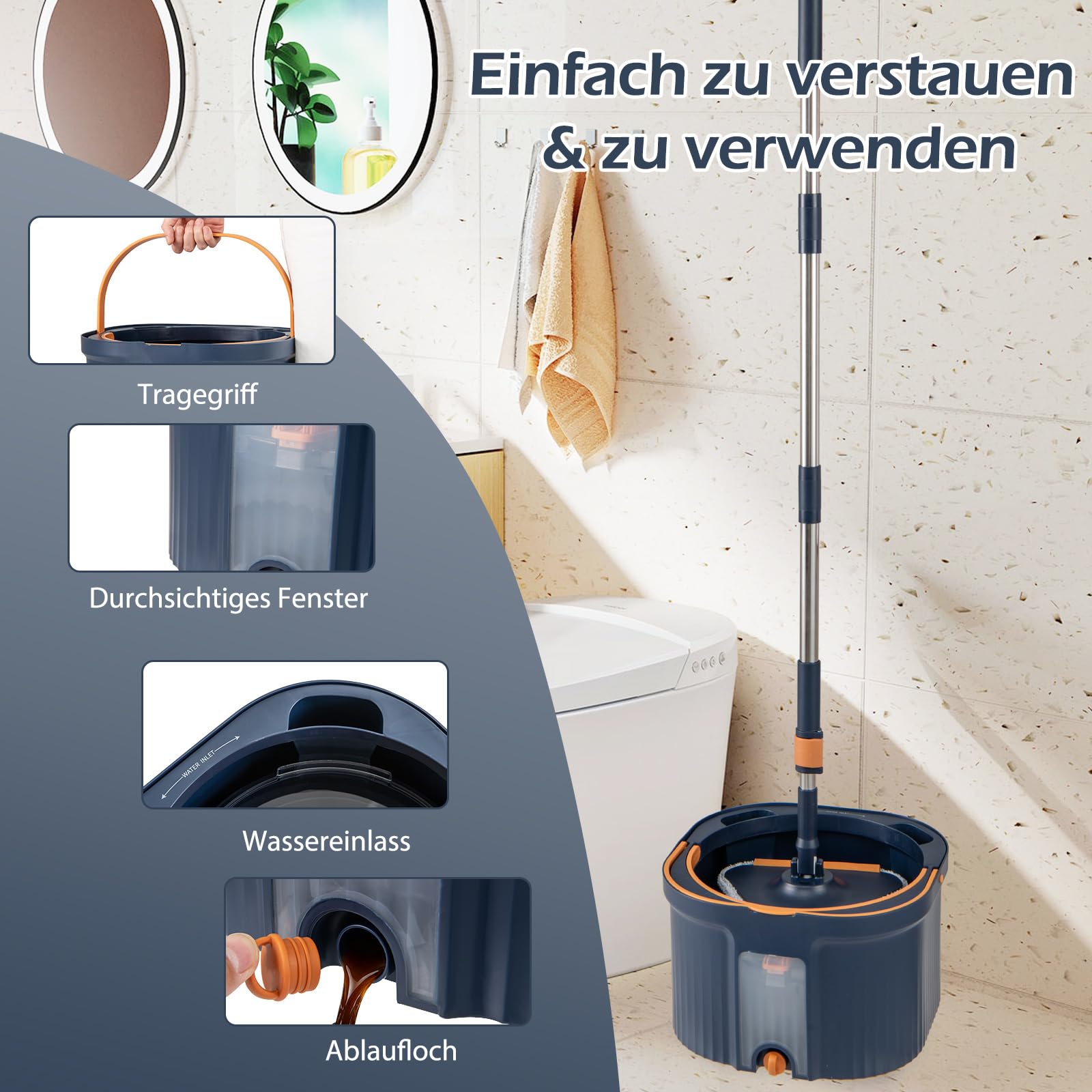 COSTWAY Mop i system wiadra z funkcją wykręcania, separacja ścieków, obrotowa głowica mopa 360° i 2 podkładki z mikrofibry, płaska wycieraczka podłogowa do czyszczenia na mokro i sucho (niebieski)