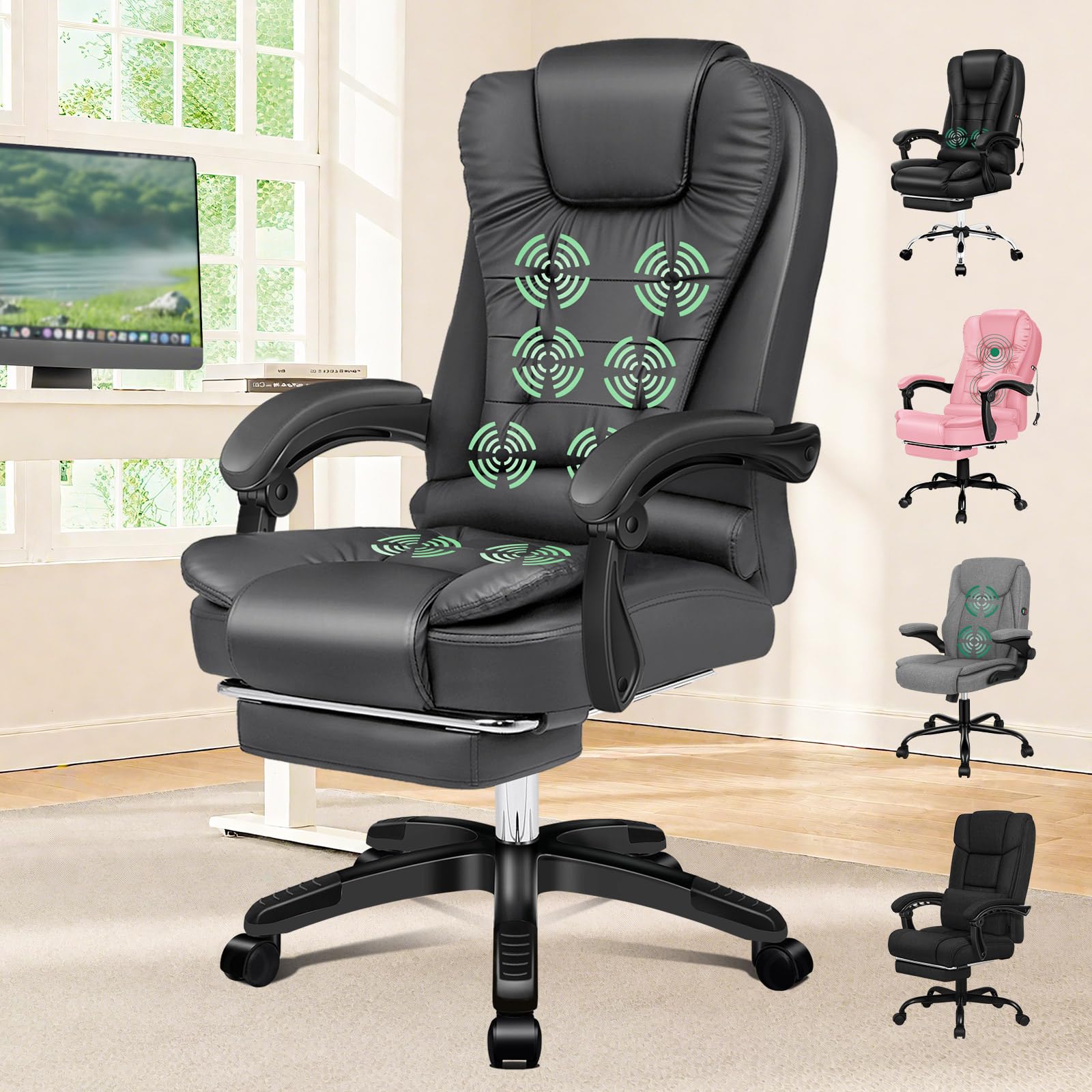 ELFORDSON Executive Office Chair with 8-point Massage Seat Heated, PC Desk Gaming Chair with Armrests Footrest High Back 150° Recliner Tilt Padded Swivel PU Leather, Grey