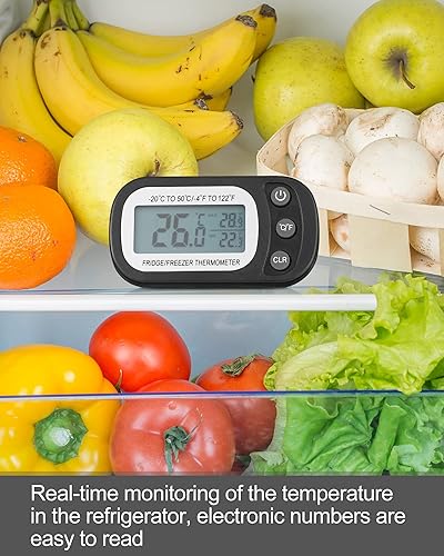 Miniatura 5 de Frienda Paquete de 8 termómetros digitales negros para nevera, impermeable, para refrigerador y congelador, función de grabación máximamin, pantalla