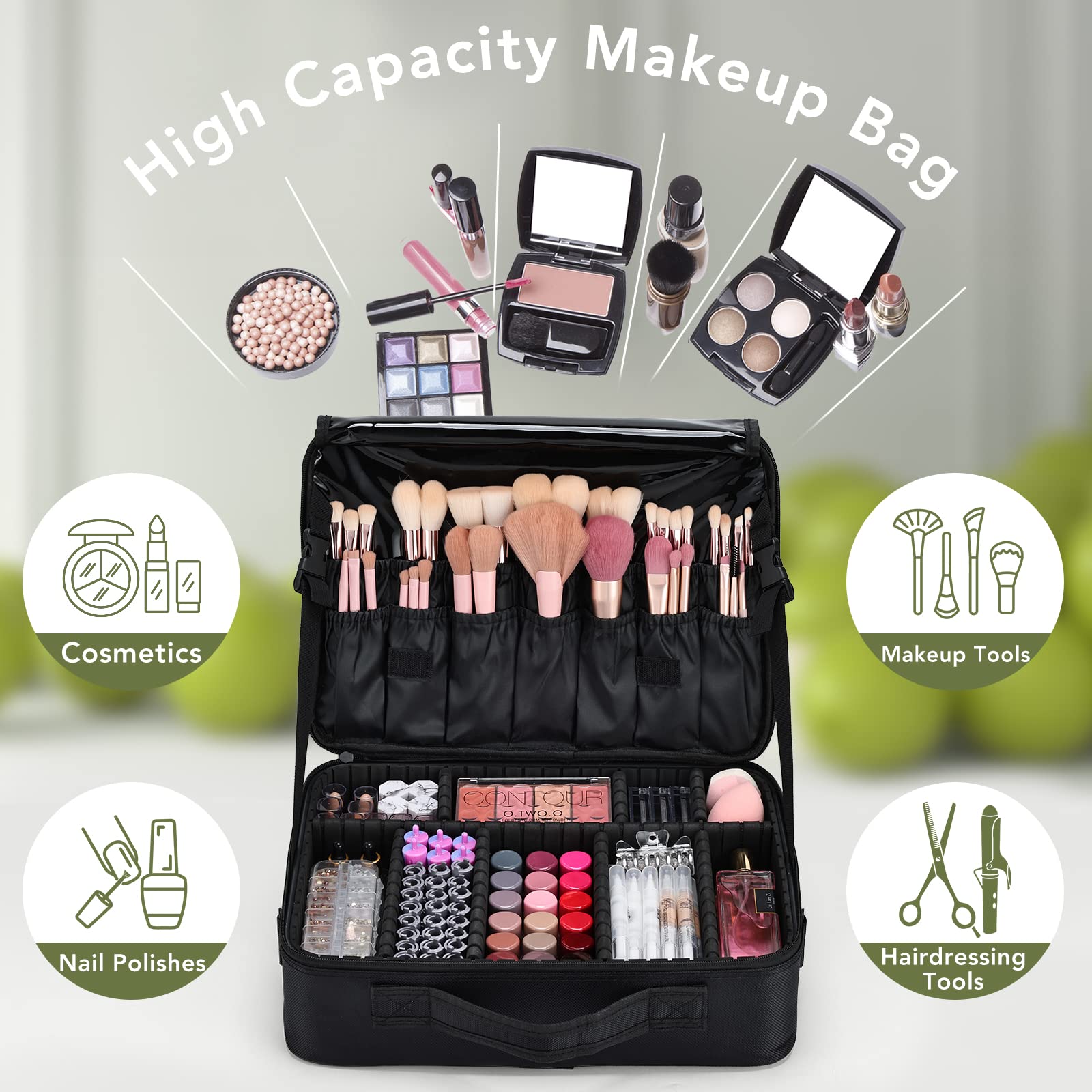Joligrace Beauty case professionale in tessuto Oxford extra large con tracolla posteriore rimovibile, beauty box, strumenti da parrucchiere, organizer con specchio, Doubletiers Nero, Medium