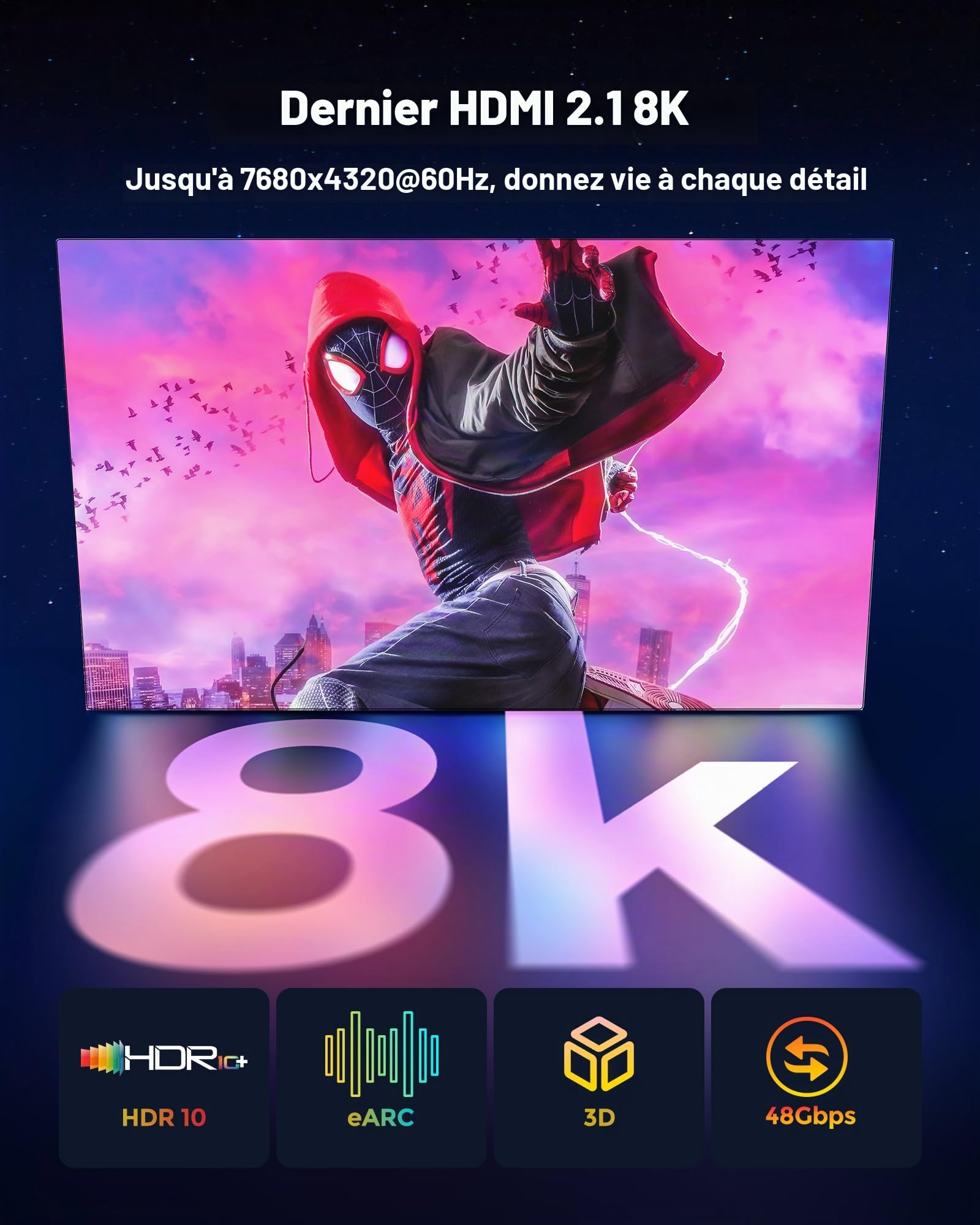 Silkland 10K 8K Câble HDMI® 10M, Ultra Haut Débit 48Gbps 8K@60Hz 4K@120Hz Cordon HDMI 2.1 eARC, HDR10+ HDCP 2.2&2.3 Compatible avec Dolby Atmos/TV/PC/Monitor/Projecteur/for PS-5/for X-box