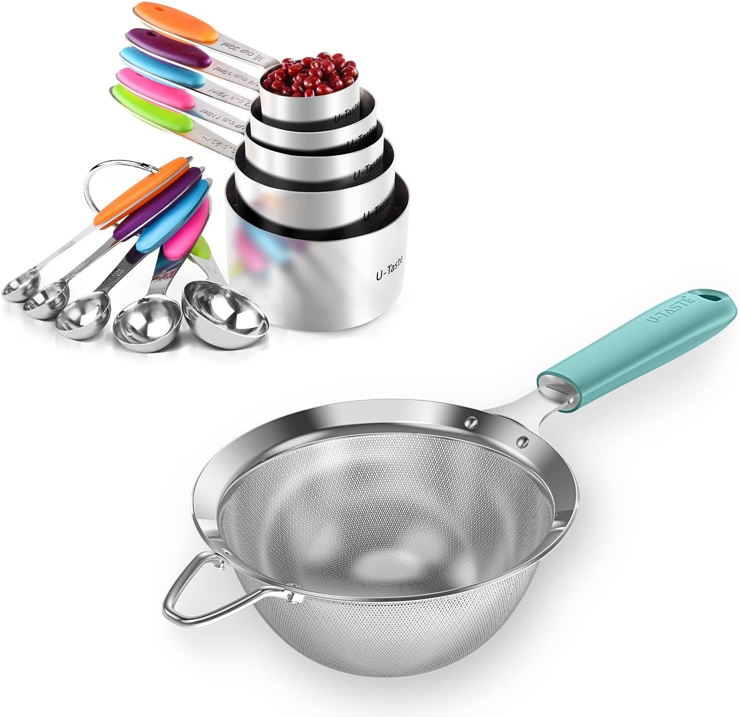 U-Taste 10 Piece Measuring Cups and Spoons Set in 18/8 Stainless Steel (Multicolors), and 18/8 Stainless Steel 5.5 inch 30 Mesh Strainer (Aqua Sky)