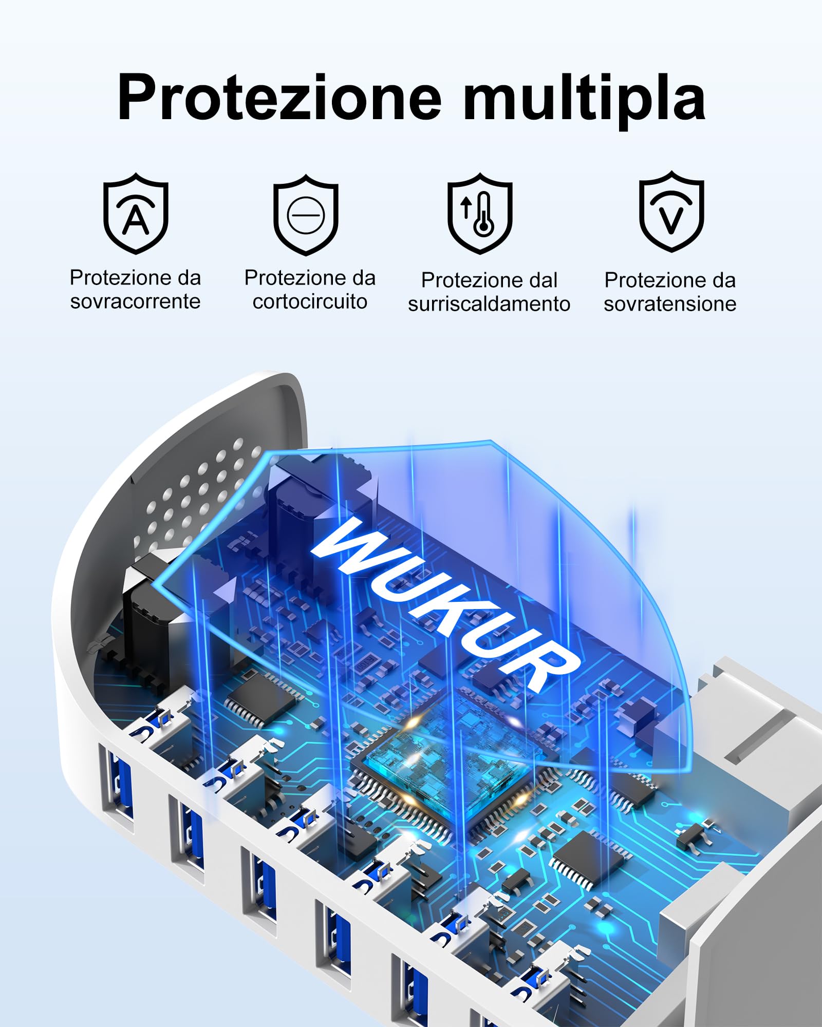 WUKUR Caricatore USB Multiplo,Stazione di Ricarica 6 Porte USB da Tavolo Caricabatterie da muro per cellulari per iPhone/iPad/Samsung/Huawei/HTC/LG/Nexus/Nokia/Motorola (25W Bianco)