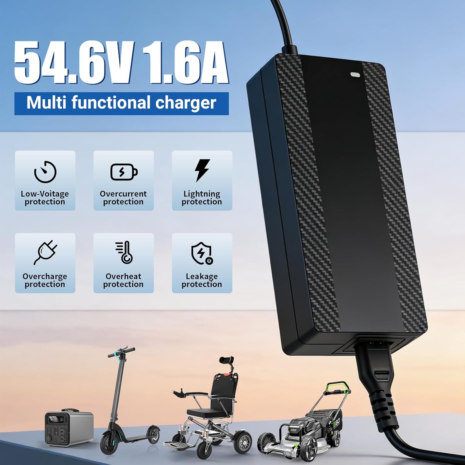 54.6V 1.6A Lithium Battery Charger for 48V (13S) Battery Systems, 5-in-1 Plug Smart Ebike Charger for Gotrax, Jetson, Razor, Swagtron, Bird, Segway,UL Certified