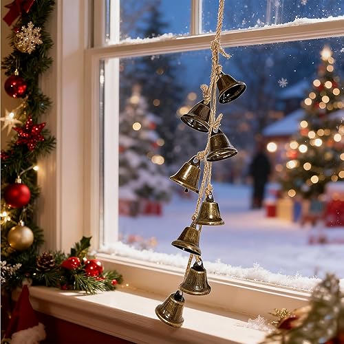 Miniatura 7 de 2 campanas de bruja de bronce de 16.5 pulgadas para manija de puerta, cinturón protector, 8 campanas de cuerda de cáñamo, campanas de Navidad hechas