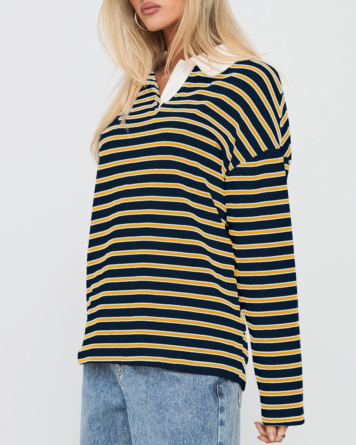 Cioatin Women Oversized Y2K Striped Rugby Polo Shirt Tops Long Sleeve Button Collar Sweatshirt Preppy Pullover Fall Outfits - Image 2