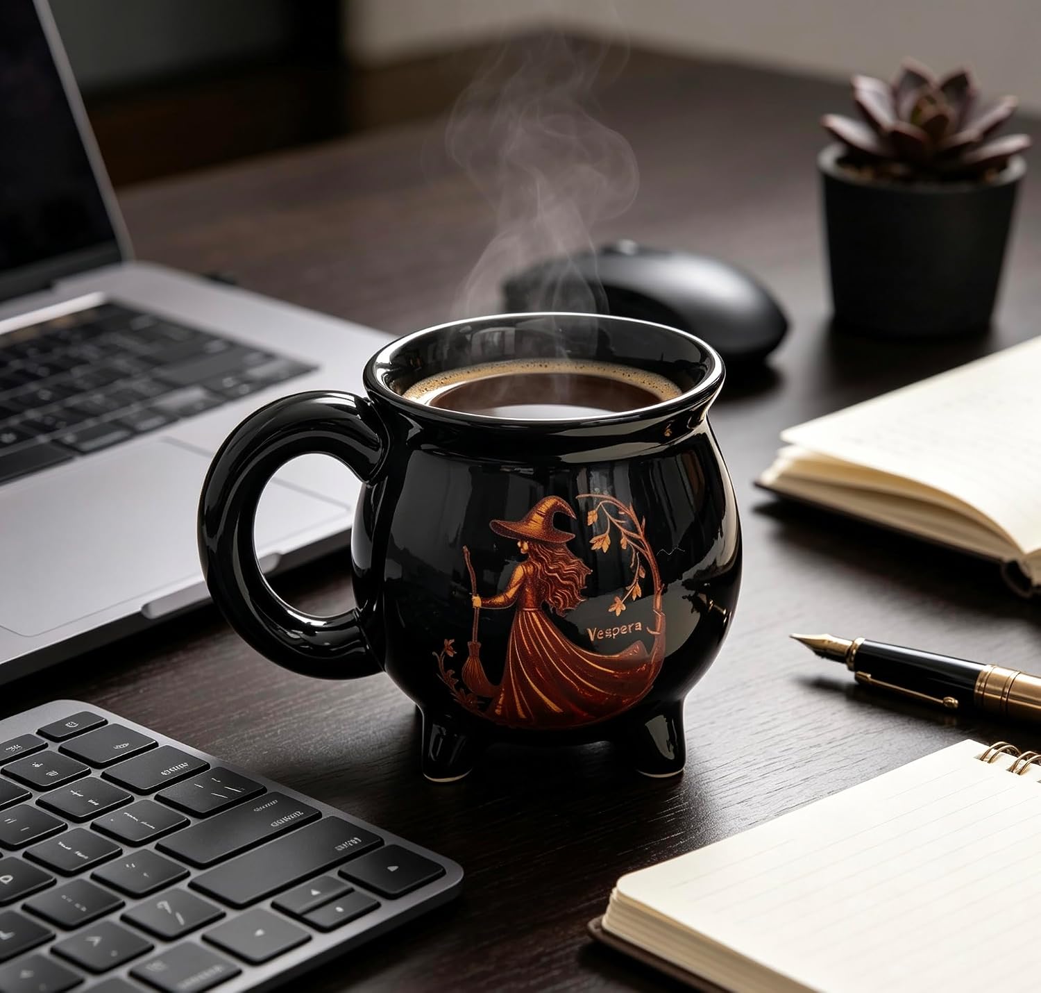 Halloween Ceramic Cauldron Mug, 17 Ounces Coffee Cup, Glossy Finish with Handle, Reusable Hot Beverage Container for Adults (New Witch, Black) image 2