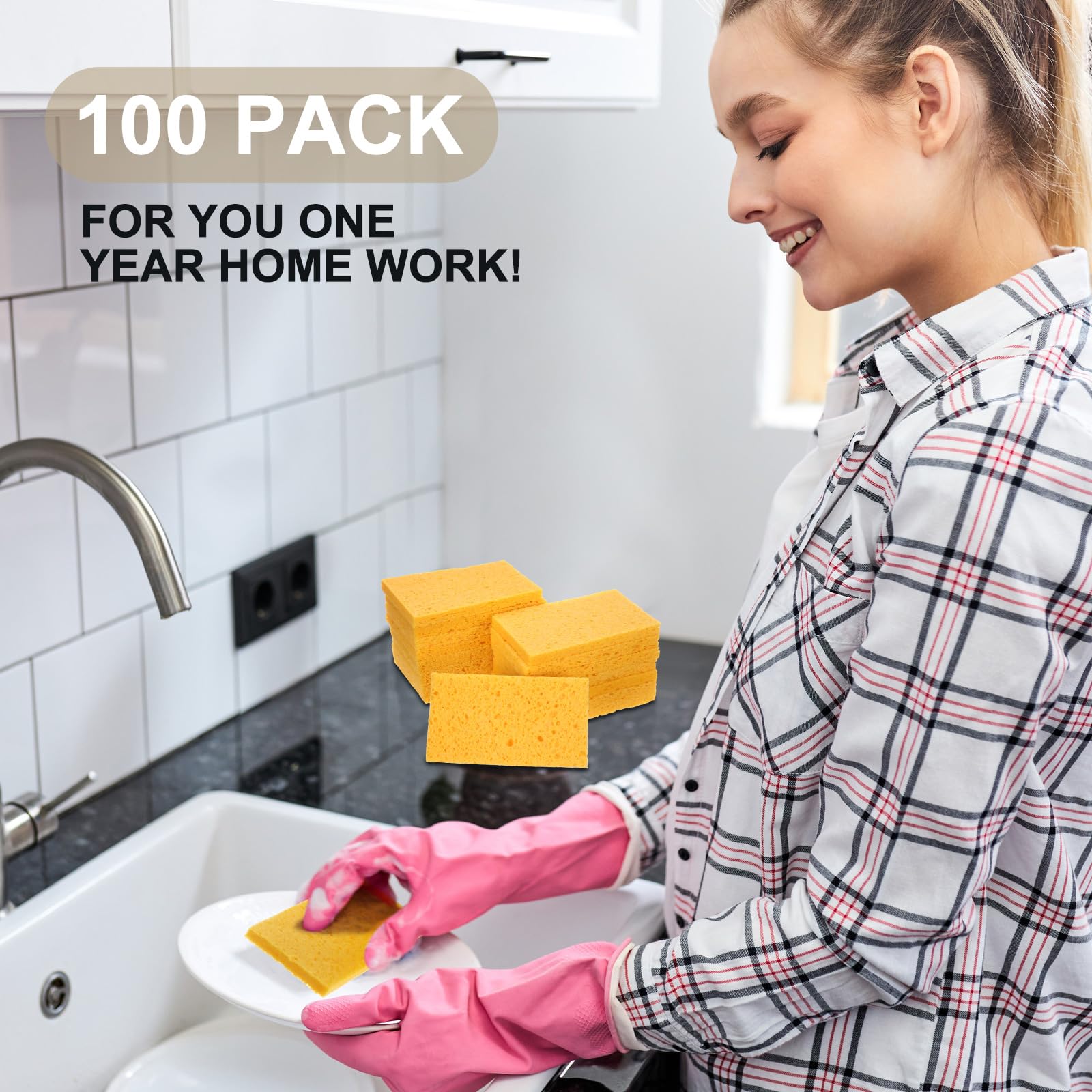Zhengmy 100 esponjas de cocina naturales a granel para platos, esponjas de pulpa de madera comprimida, esponja de limpieza sin rayar, para cocina y baño, 3.9 x 2.4 x 0.12 pulgadas (amarillo)