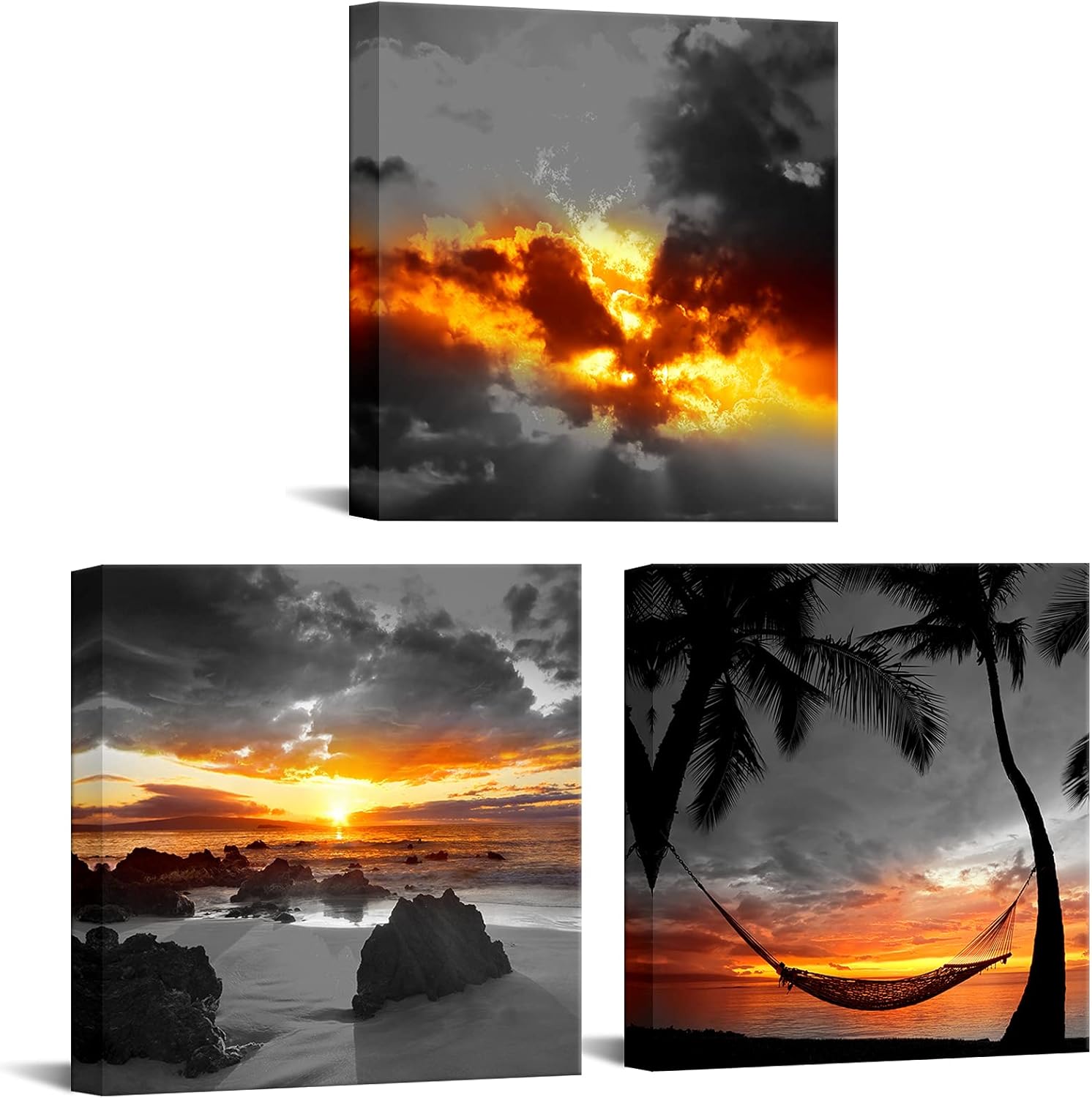 Nachic Wall - 3 Piece Black and White Beach Wall Art Gold Sea Sunrise Scenery Picture Canvas Print Framed Seascape Painting for Living Room Bedroom Wall Decor