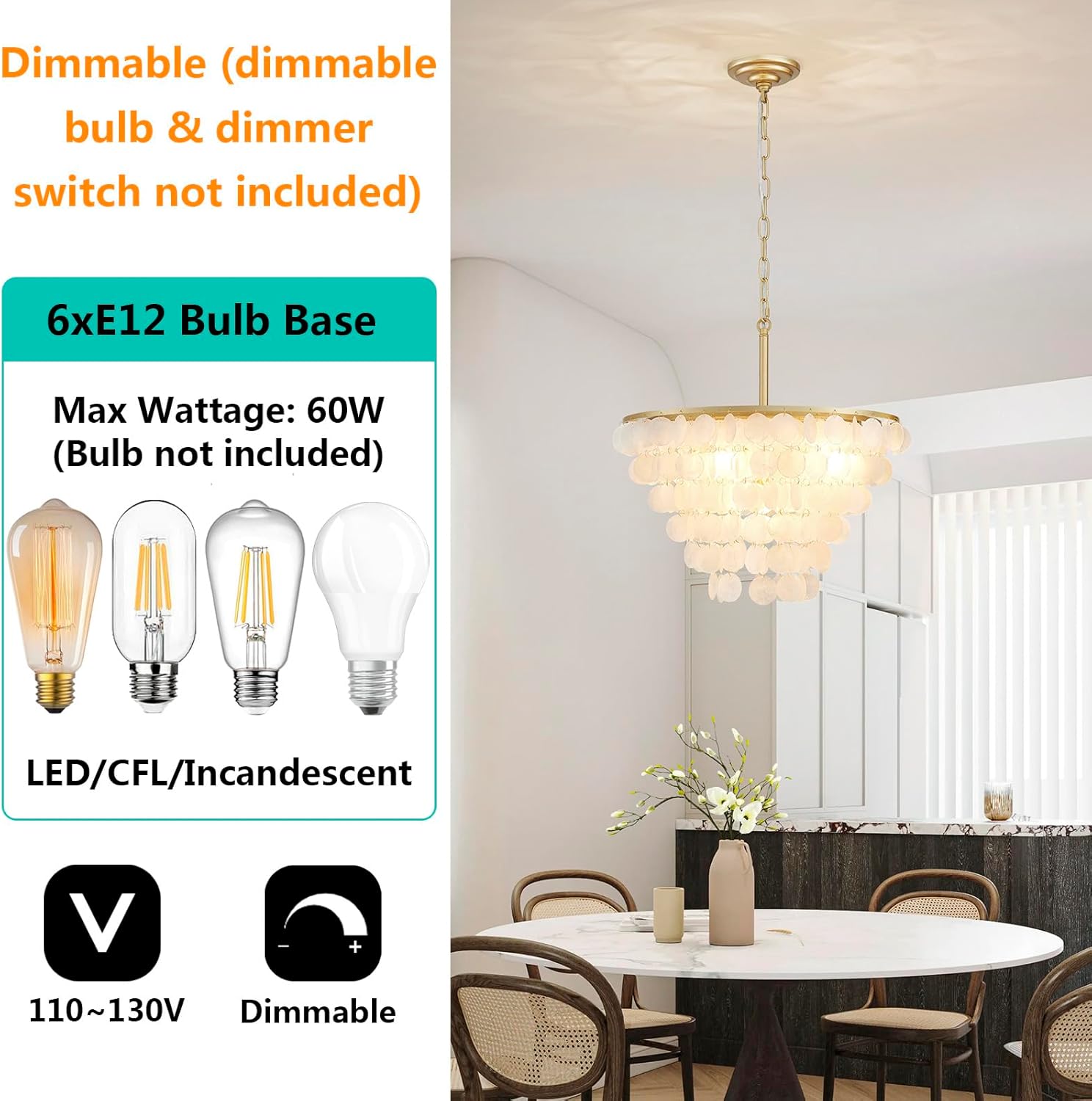 6-Light Capiz Shell Chandelier, Coastal Design Light Fixture, Pendant Light for Kitchen Island, Dining Room, Bedroom, Gold Finish, E12 Socket, D19.7 * H45.3 inches (Height Adjustable)