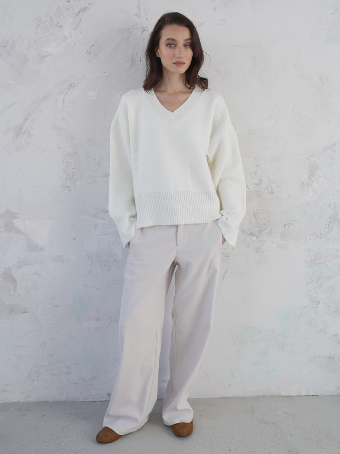 ELEGANCIA Women's Oversized V Neck Sweater 2025 Fall Outfits Trendy Drop Shoulder Knit Pullover Top - Image 8