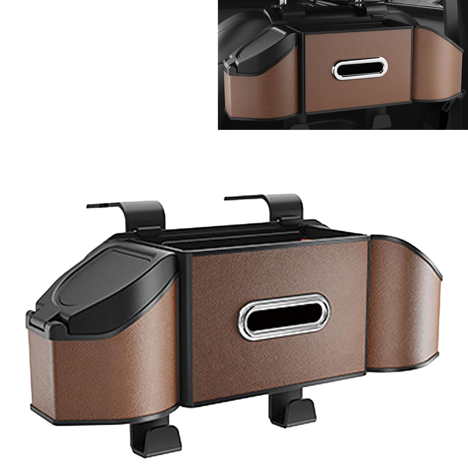 ONEMAJI 7 in 1 Car Seat Back Organiser Interior Tidy for Dacia Bigster 2025, Car Bin Tissue Holder Multifunctional Headrest Hook Storage Box,Brown