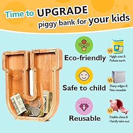 Summidate Customized Name Large Wooden Piggy Bank for Kids Boys Girls Alphabets Letter A-Z Coins Bills Money Change Bank Box Initial on Clear Cover (Laser Engraved) (Alphabet-U, Personalized-9)