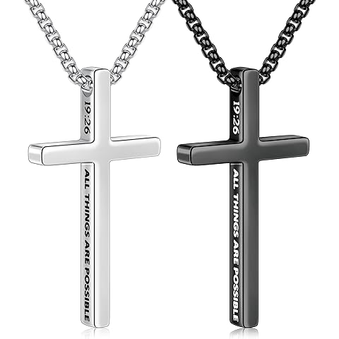 Ursteel 2 Pcs Black Silver Cross Necklace for Men - Inspirational Bible Verse Cross Chain for Men Stainless Steel Cross Pendant for Men Teen Boys Christian Gifts Christmas Gifts Stocking Stuffers