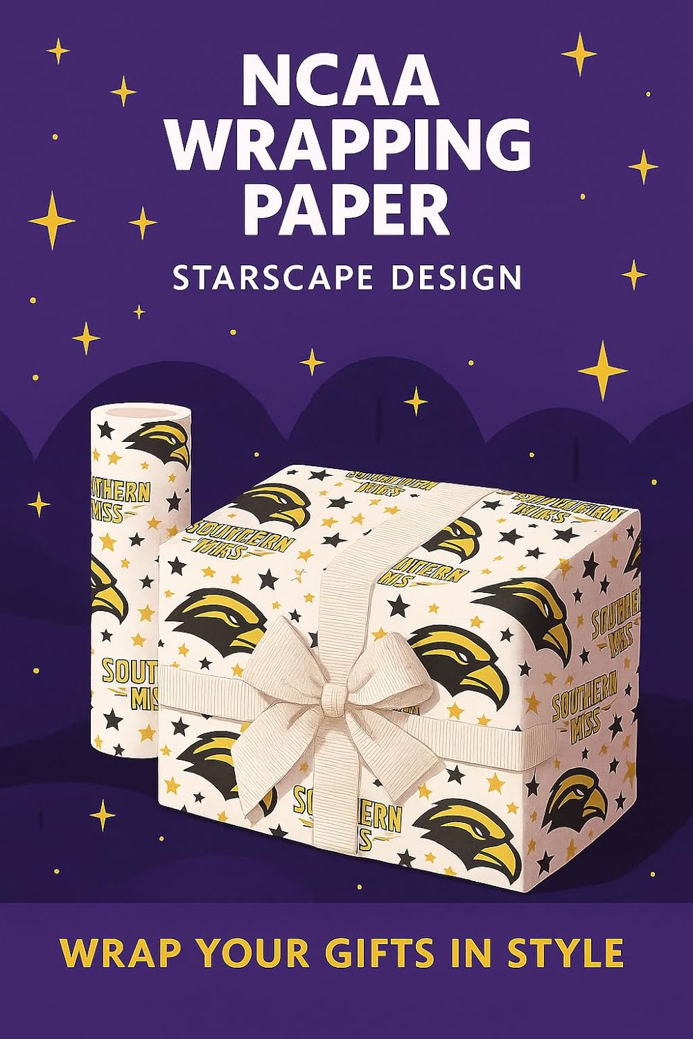 ONDEMAND FAN NCAA Wrapping Paper with Starscape design (Southern Miss Golden Eagles,Wrapping Paper 30" x12')