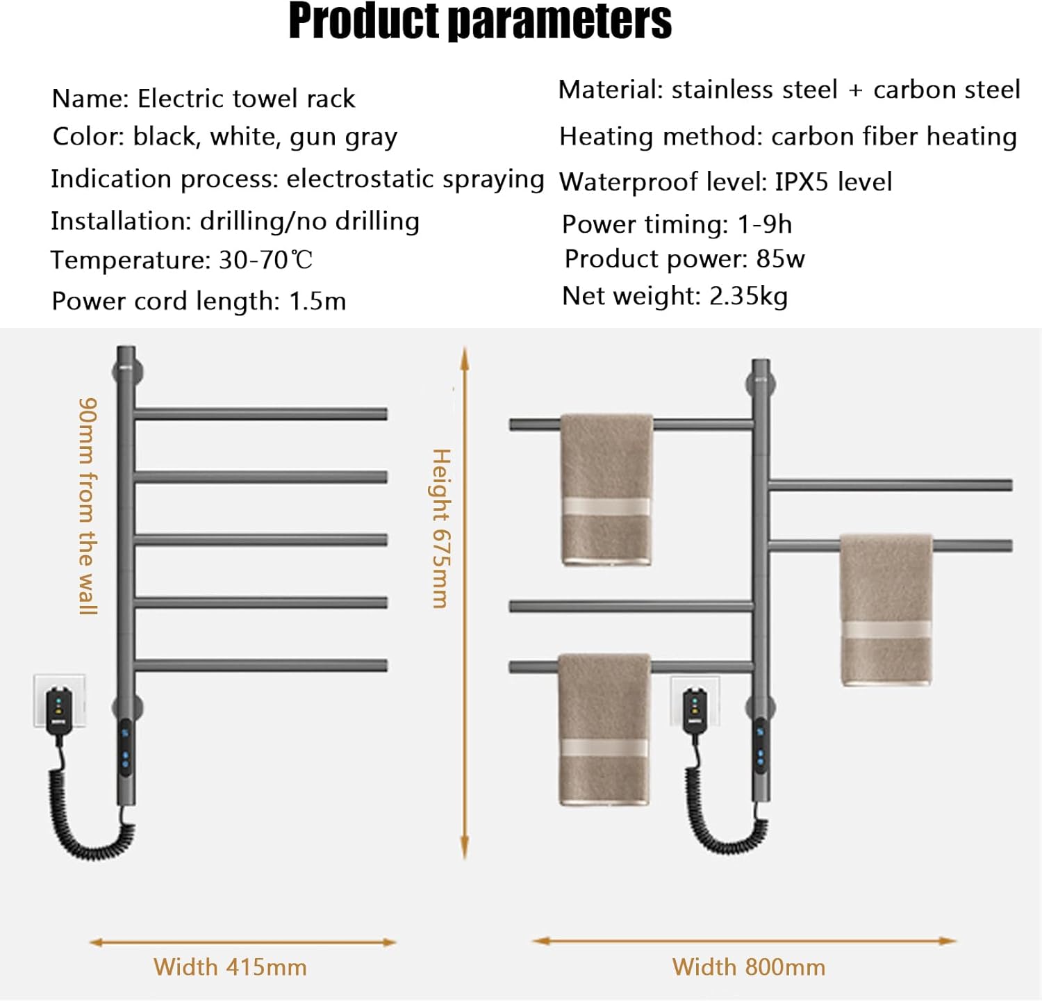Rotatable Towel Rack Heated,Wall Mounted Electric Heated Towel Warmer Rack with Timer 1-9h 5 Bars 85w Thermostatic Swivel Towel Drying Rack Towel Dryer Rack Heated (Grey 110V)