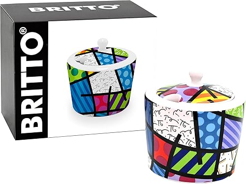 Miniatura 2 de Britto Azucarero de porcelana de hueso con tapa, 10.4 onzas, paisaje colorido, diseño abstracto de obras de arte, accesorios de barra de café, caja