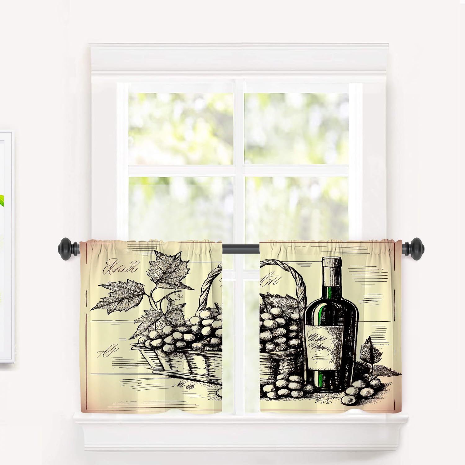 BaoNews Vintage Bottles of Wine Kitchen Tier Curtains for Windows, A Basket of Grapes Blackout Valances Multilayer Polyester Window Treatments for Kitchen 2 Pack 26X24 Inches
