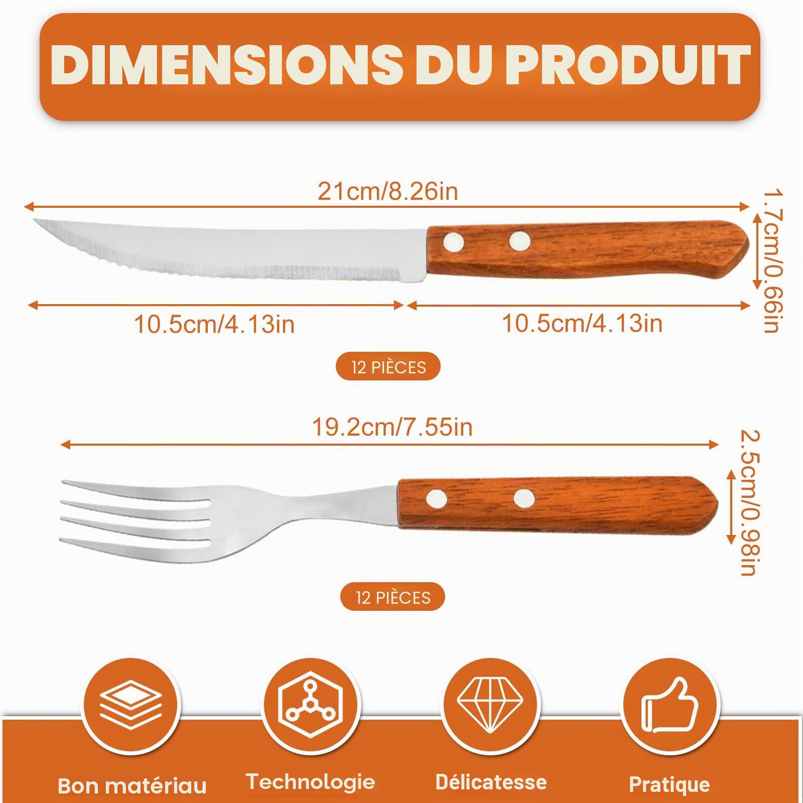 BAIFULAI Lot de 24 couverts pour steak, en acier inoxydable, avec manche en bois, set de couteaux et fourchettes à steak, pour 12 personnes