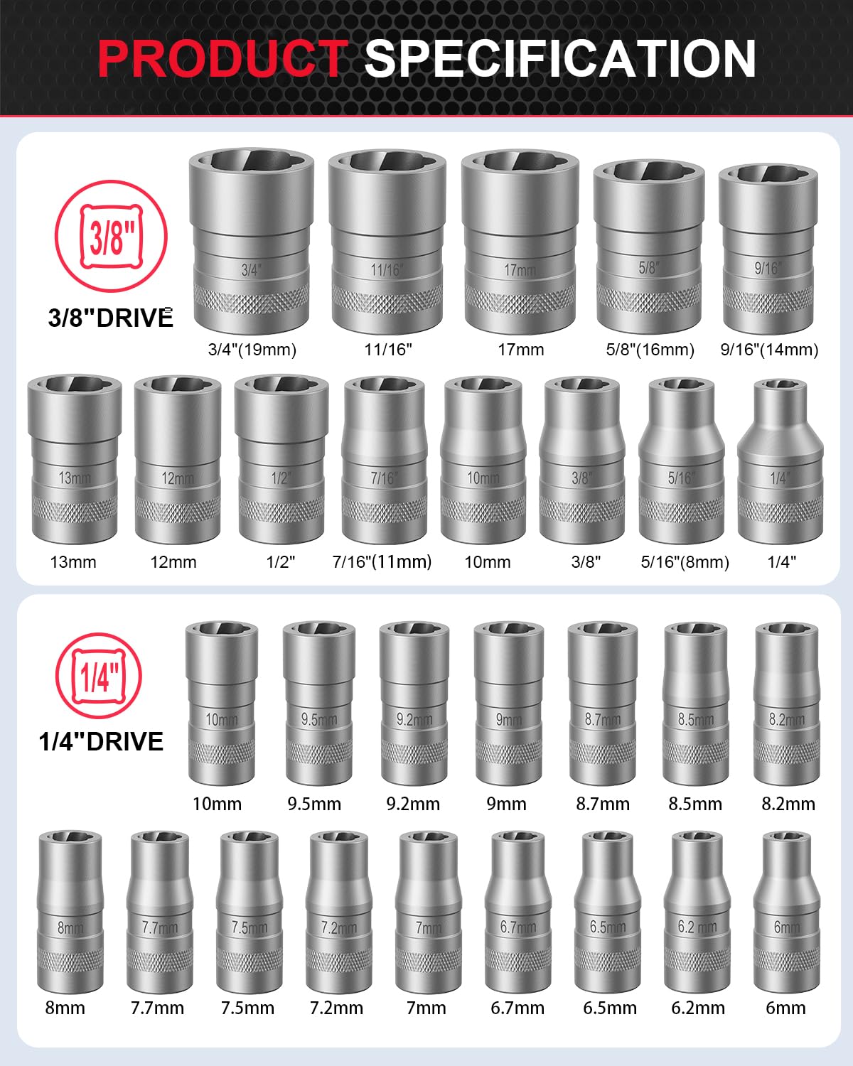 Set di 32 chiavi a bussola estrattori per dadi spogliati e arrotondati, 1/4" e 3/8", in acciaio Cr-Mo per bulloni danneggiati, congelati e arrugginiti