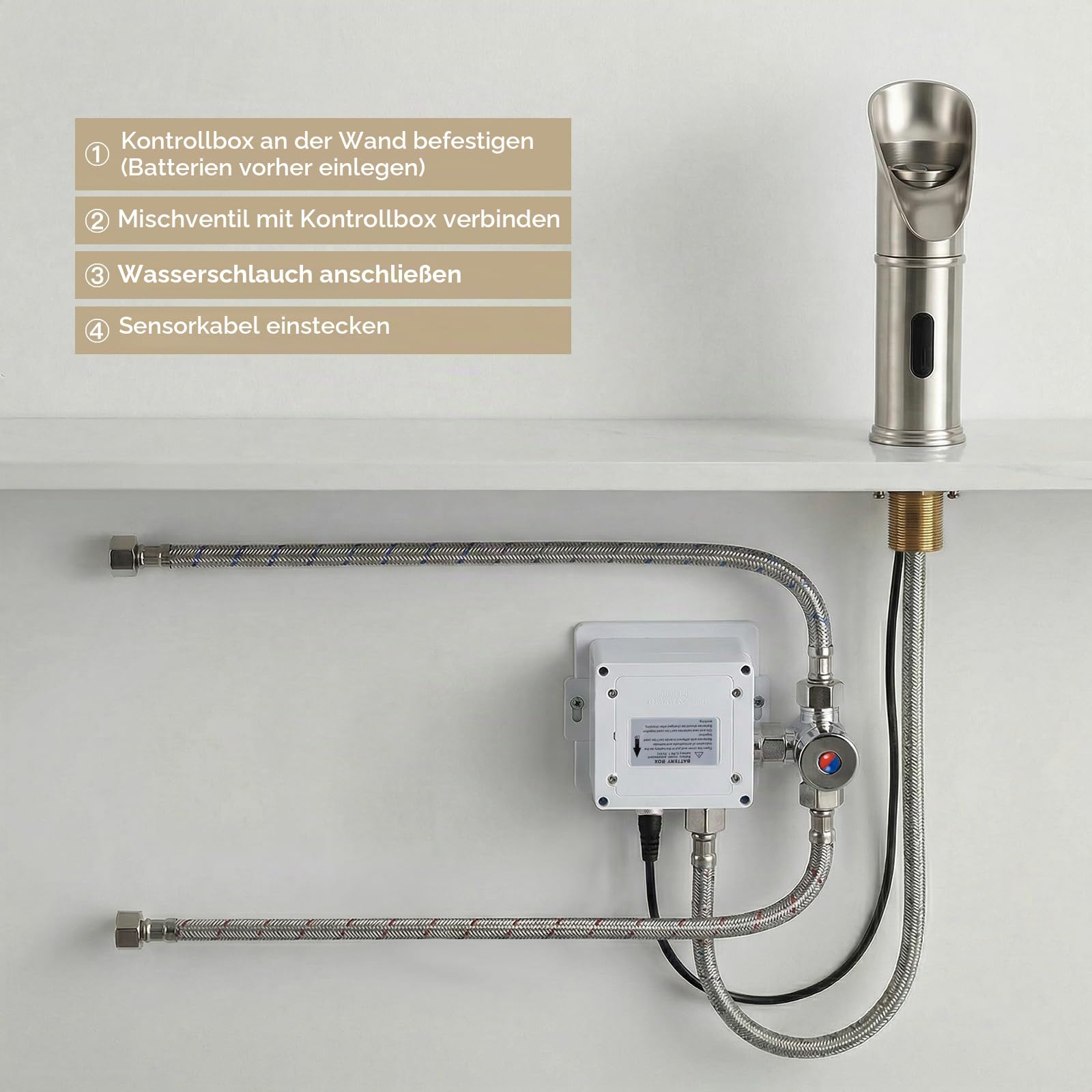 Gangang LED Wasserfall Wasserhahn mit Sensor Bad, Infrarot Automatisch Bassin Wasserhahn für Badezimmer Badarmatur, LED 3 Farbe ändert Sich mit Wassertemperatur (Messing, Gebürstet Nickel)