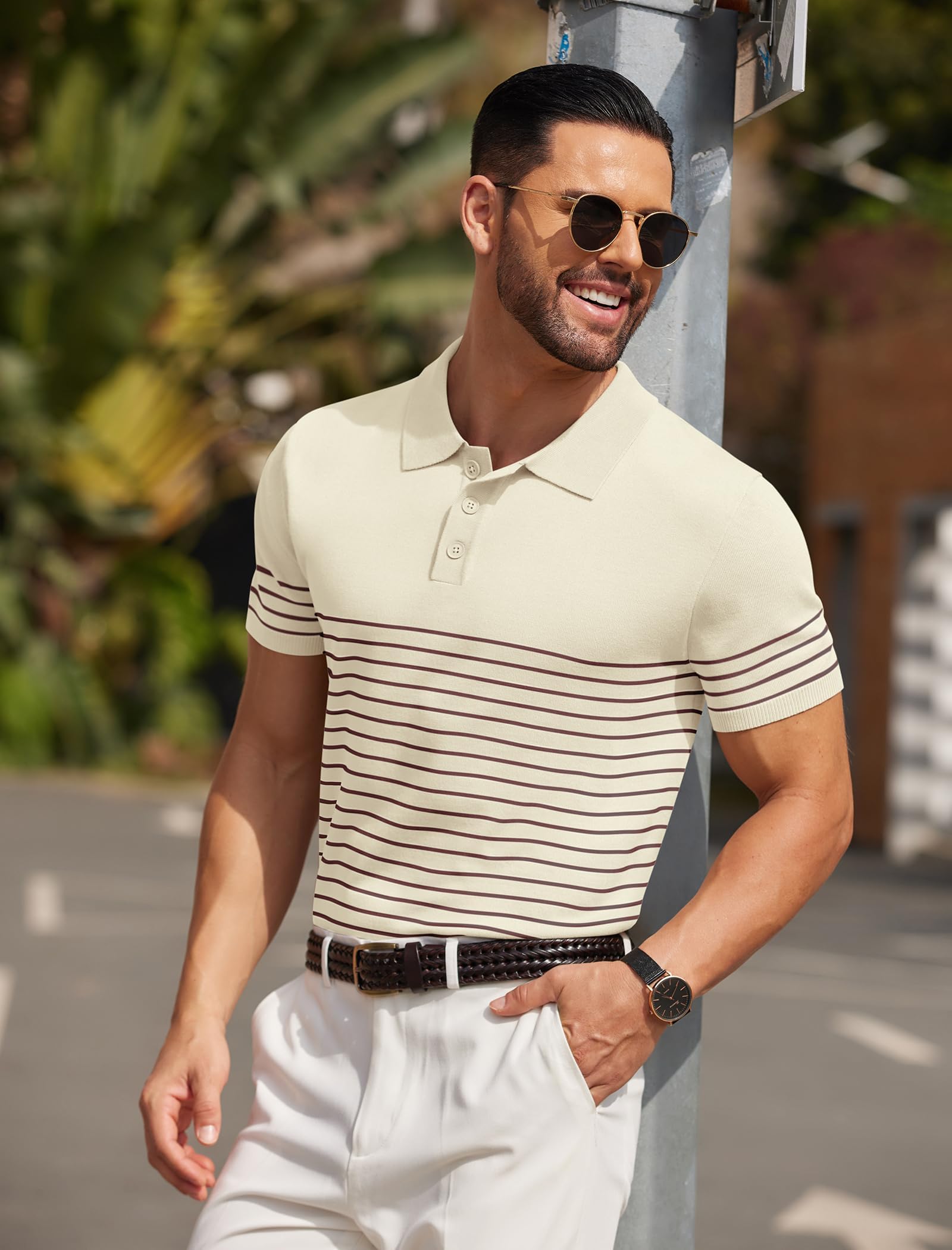 COOFANDY Polo Homme Rayures Tricot Manches Courtes Regular Fit Bureau Été Casual Travail Fête Élégant Polo Golf