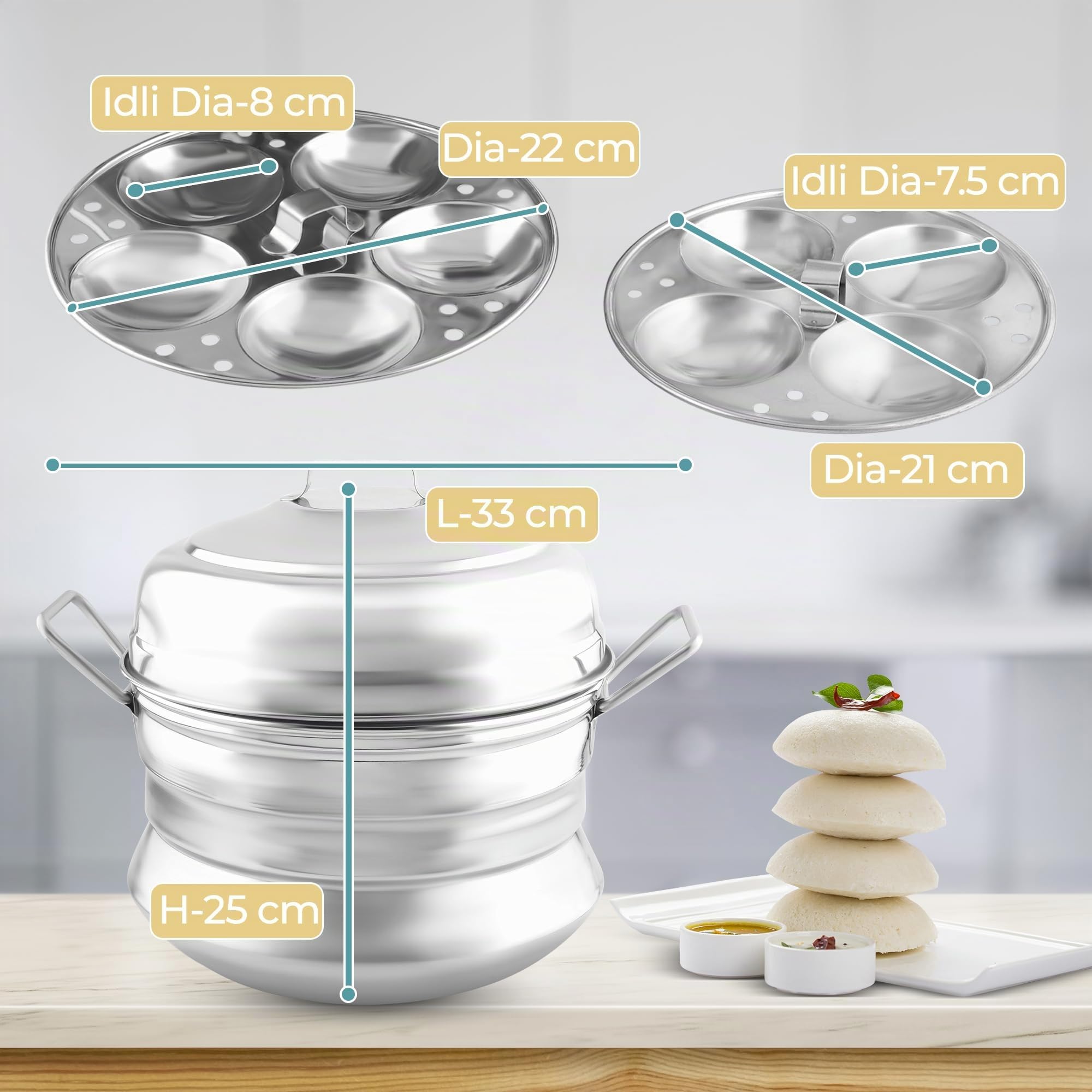 KSJONE – Cuiseur vapeur traditionnel pour idlis en acier inoxydable avec 3 plateaux profonds (capacité de 13 idlis) – Couleur argent